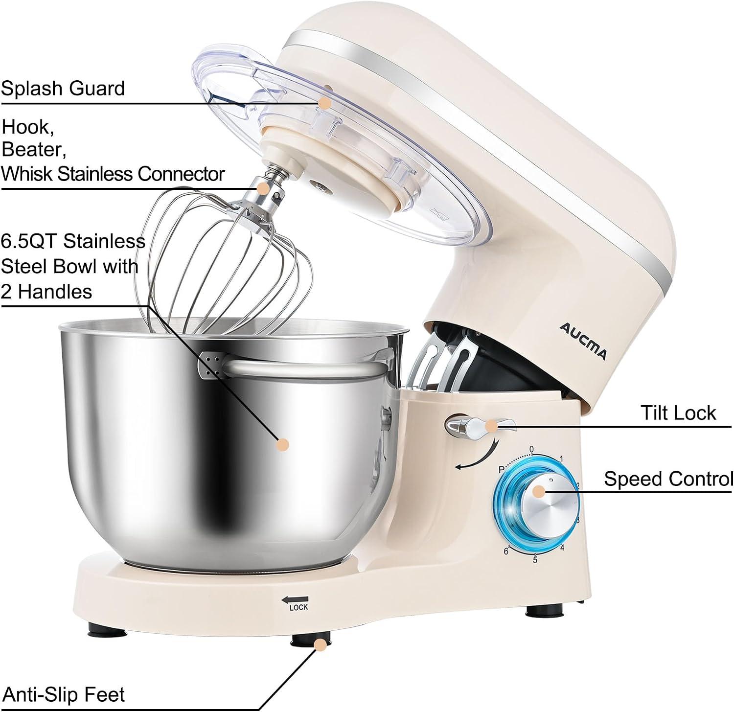 Aucma Stand Mixer, 6.5-QT 660W 6-Speed Tilt-Head Food Mixer, Kitchen Electric Mixer with Dough Hook, Wire Whip & Beater (Almond Cream, 6.5QT)
