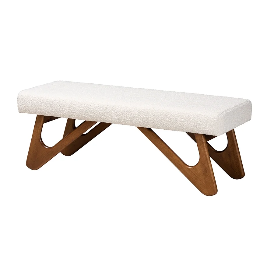 Rika Japandi Cream Boucle Fabric and Walnut Brown Finished Wood Bench - Image 2
