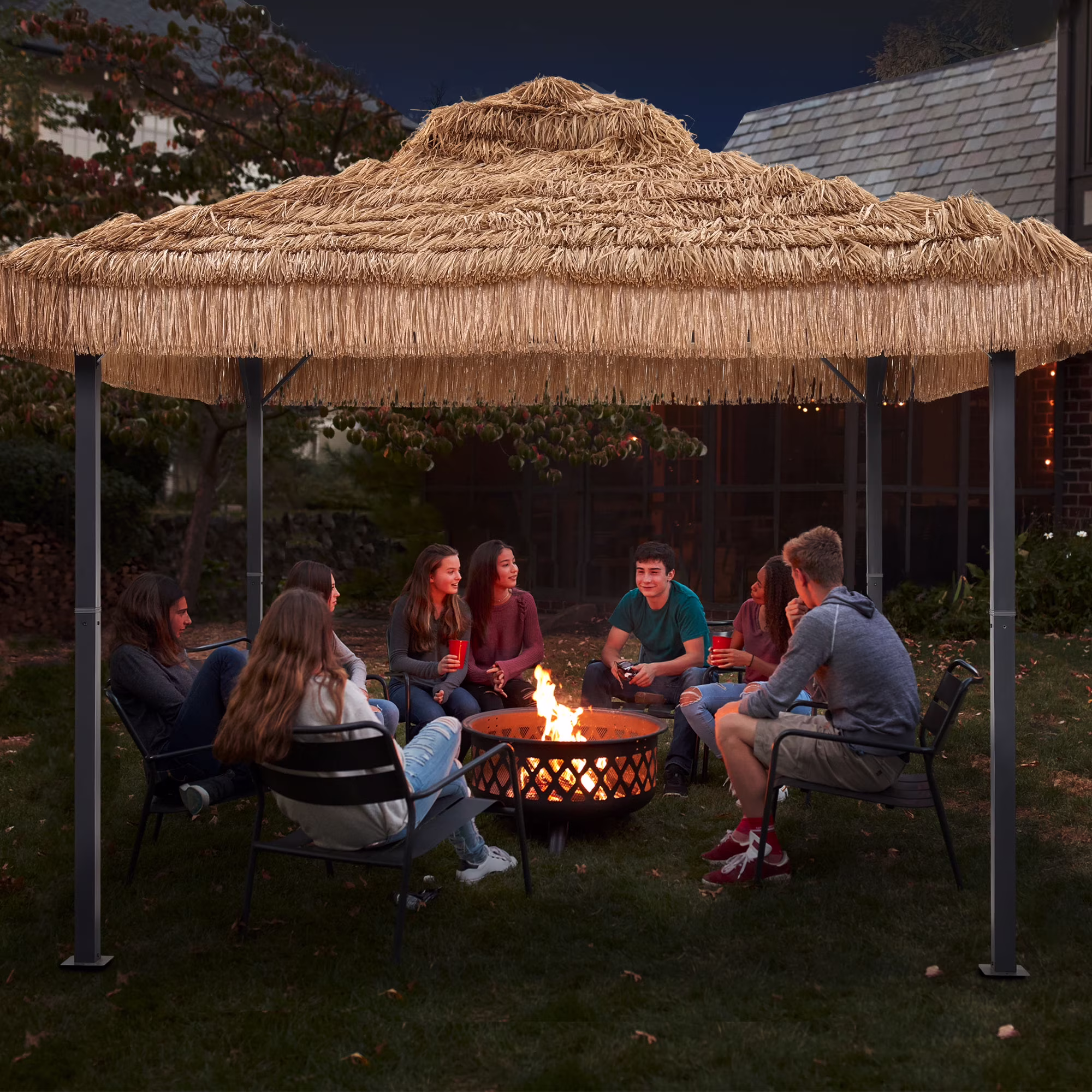 Ainfox 10x10 Thatched Tiki Pavilion Gazebo, Patio Gazebo with Straw Thatch Roofing, Hawaiian Style Steel Frame