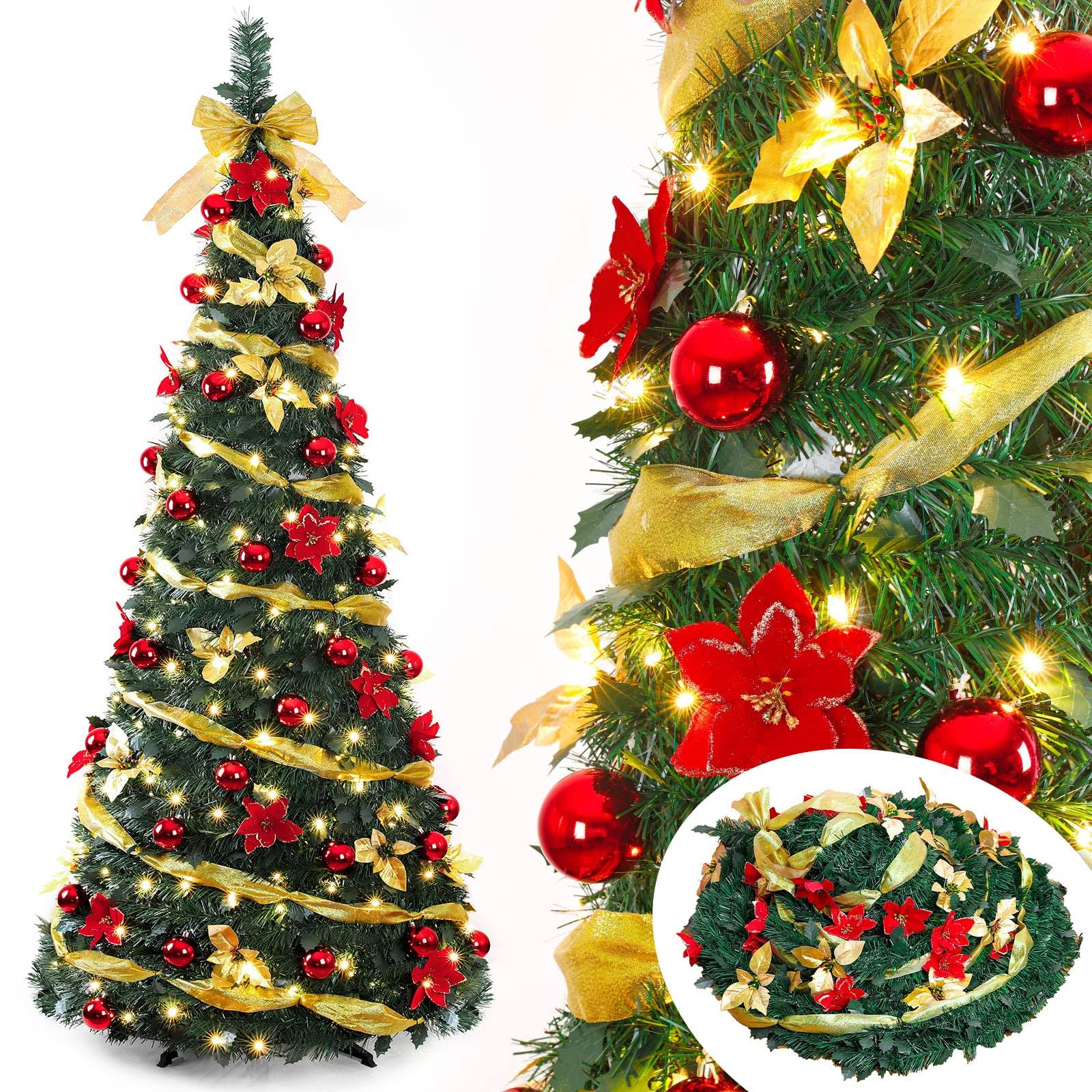 Decoway 6 ft Pre Lit Pre Decorated Christmas Tree Pop Up Christmas Tree with Decorations and 200-LED Warm Lights, Red Gold