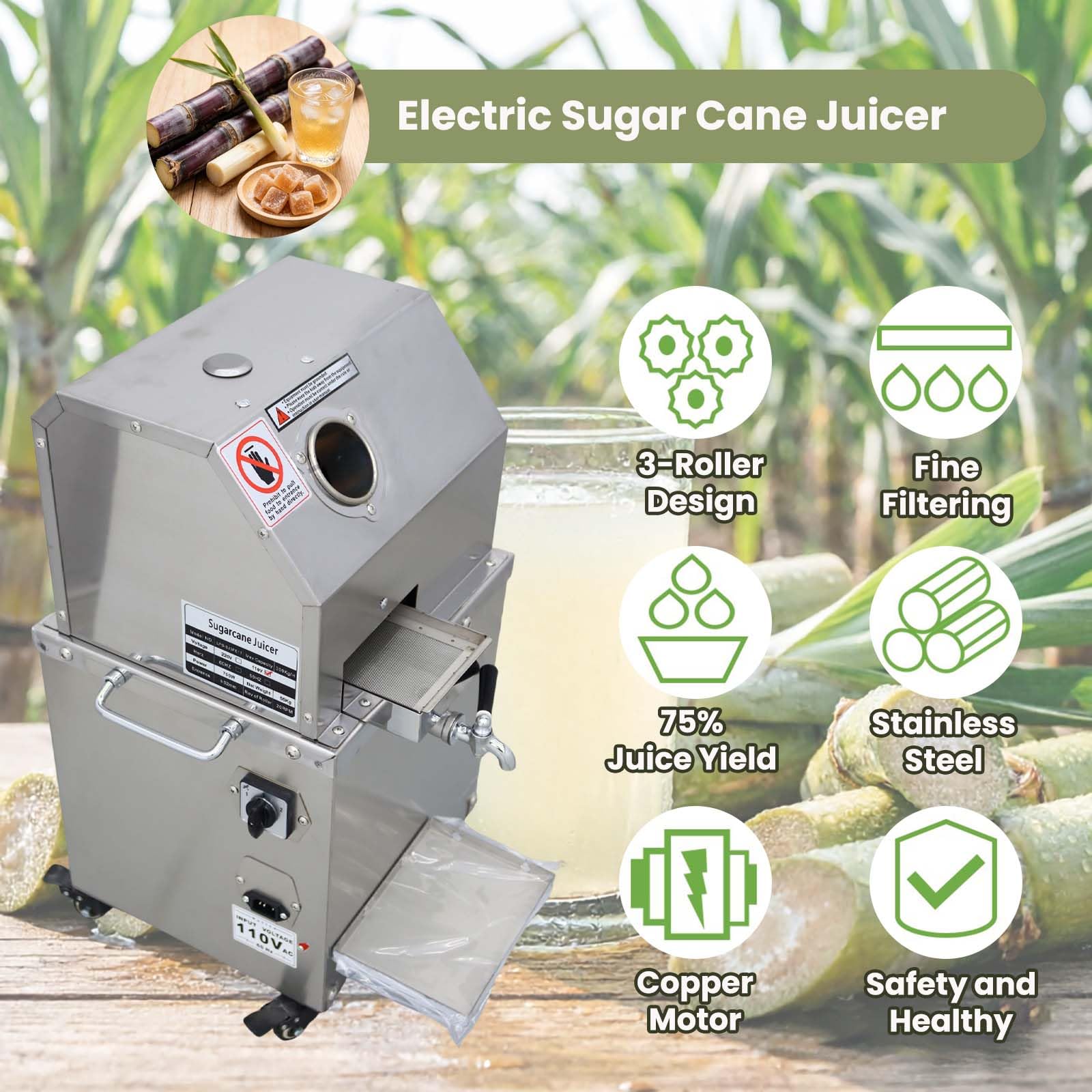 110V 750W Desktop Electric Sugar Cane Press Juice Machine, 3 Rolls Stainless Steel Sugarcane Juicer Grinder Extractor, W/Cleaning Port and 4 Casters