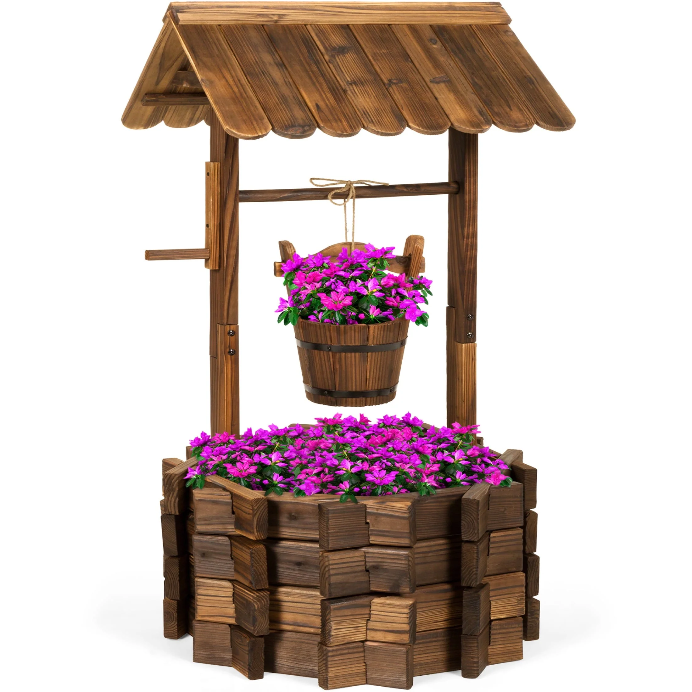 Best Choice Products Rustic Wooden Wishing Well Planter Outdoor Home Decor for Patio, Garden, Yard W/ Hanging Bucket