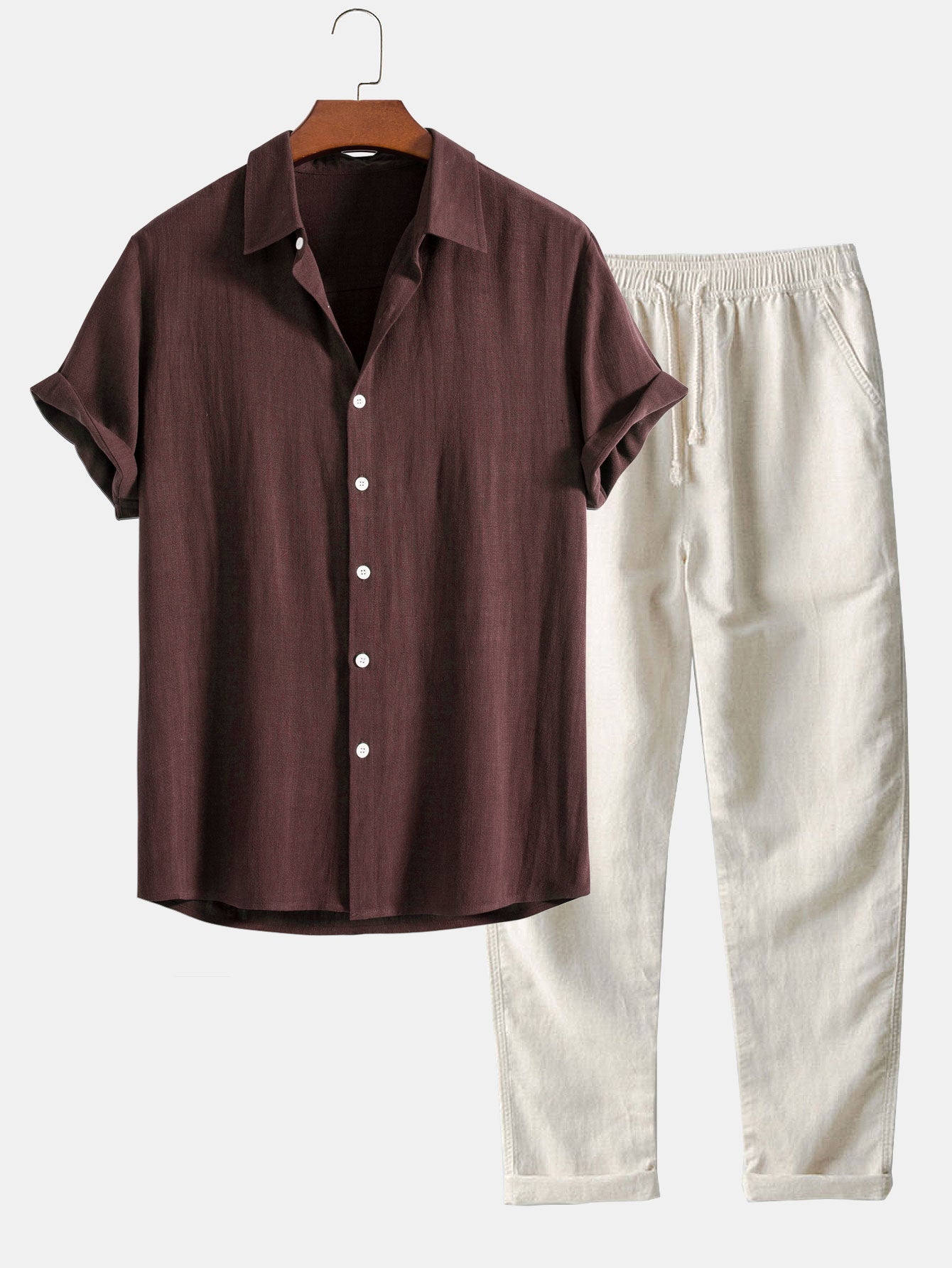 Chemise boutonnée en lin mélangé rayonne et pantalon droit en lin.