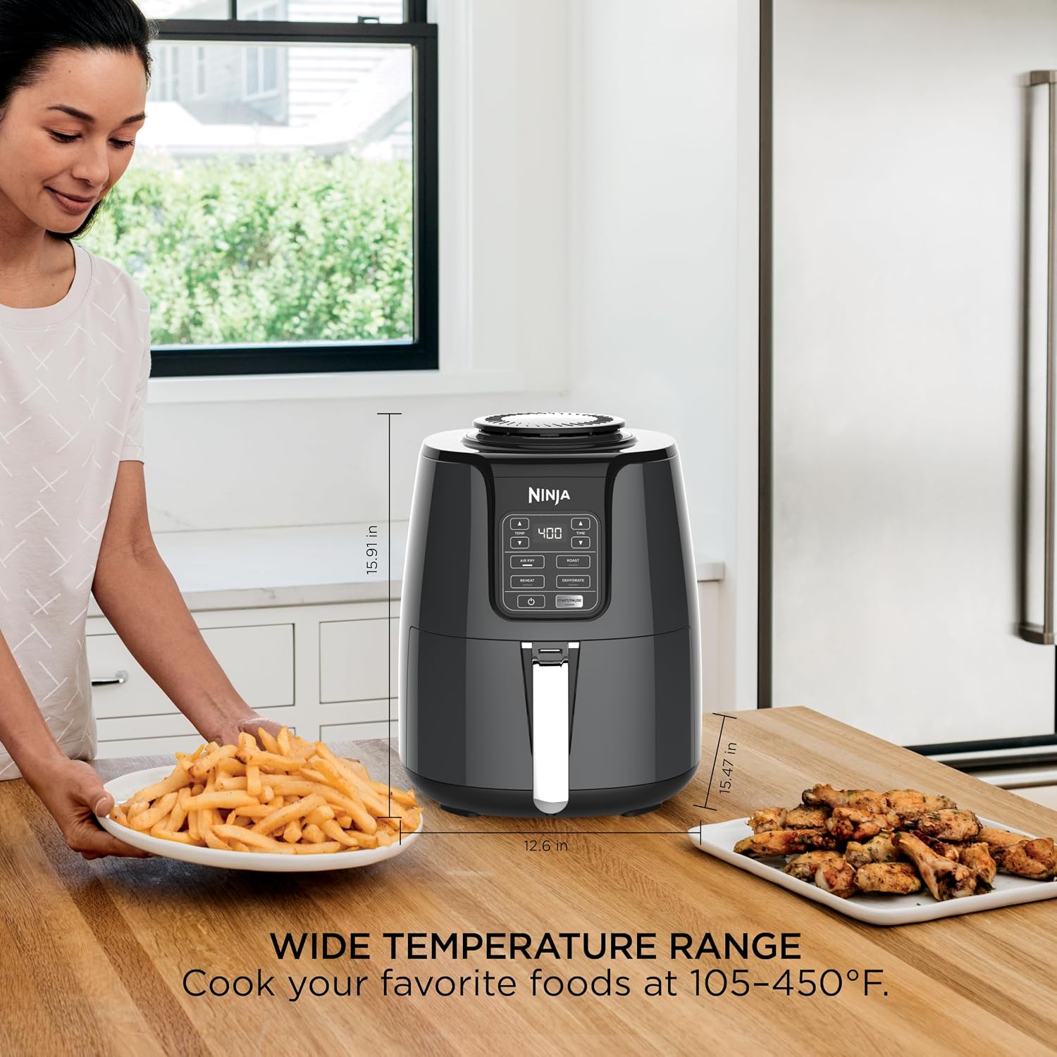 Ninja Air Fryer, 4 Qt Capacity, 4-in-1 Crisp, Roast, Reheat, and Dehydrate, Dishwasher Safe Parts, 105°F-400°F, 1550 Watt, Gray, AF101| Crisps, roasts, reheats, dehydrates, 1550W, High-gloss finish, Fits 2 lbs of fries, Dishwasher-safe