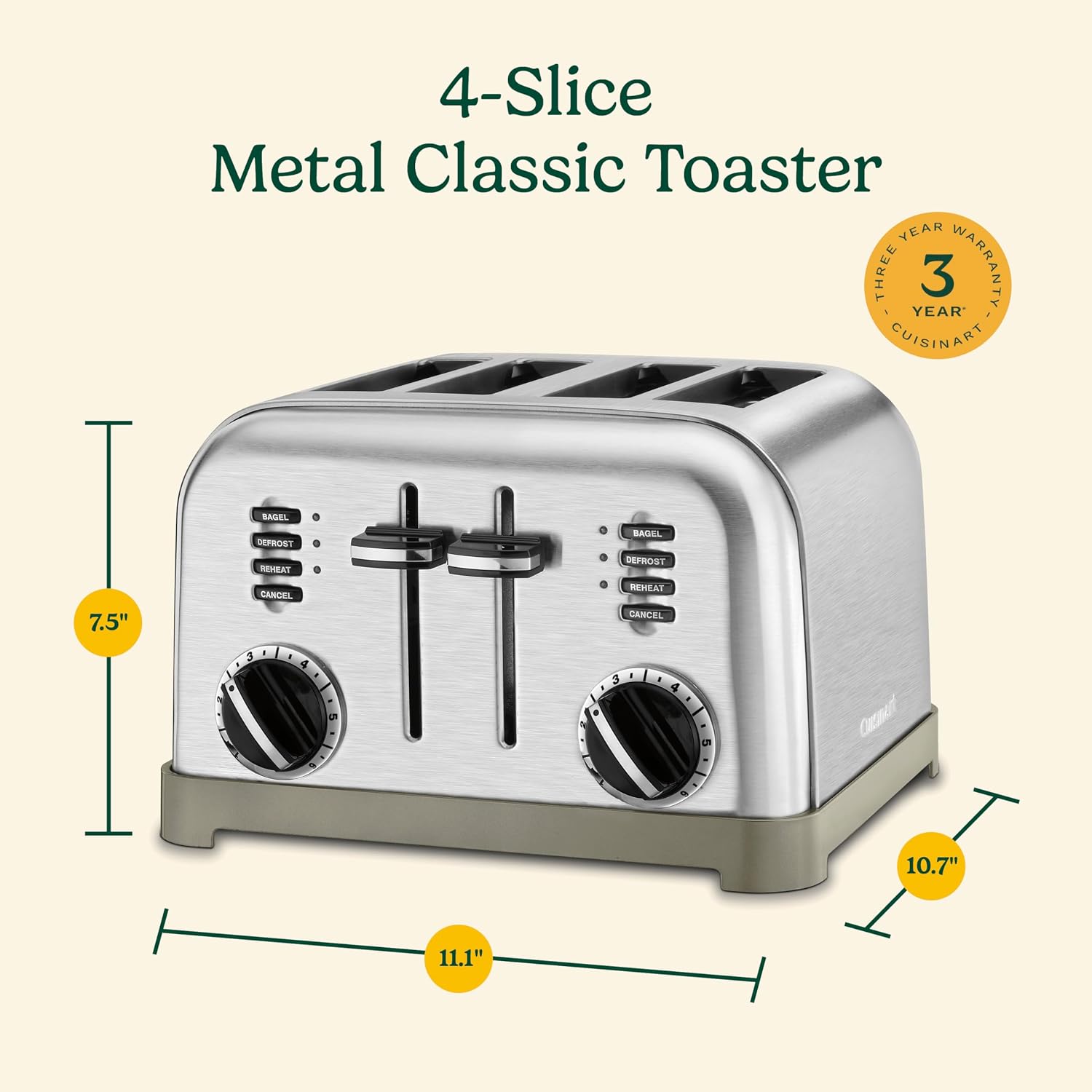 Cuisinart Toaster, Extra-Wide Slots, Stainless Steel, 4-Slice| Bagel, pastry & bread toaster with defrost/reheat functions, 6-setting browning dials & a slide-out crumb tray, CPT-180P1