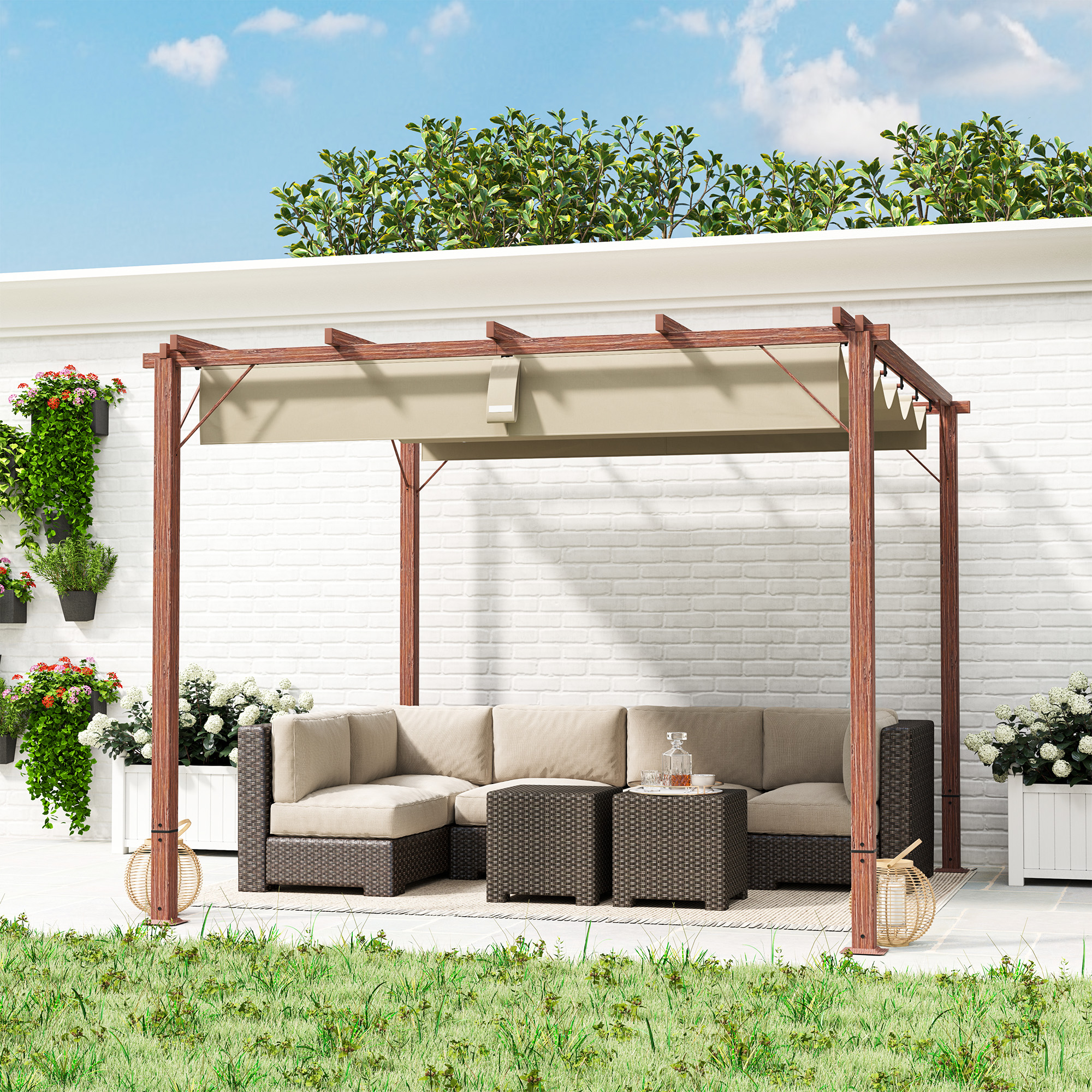 Outsunny 3 x 3 m Tuin-Pergola, Verstelbaar Terrasdak, Aluminium Frame, UPF30+ Zonbescherming, Natuurlijk Hout