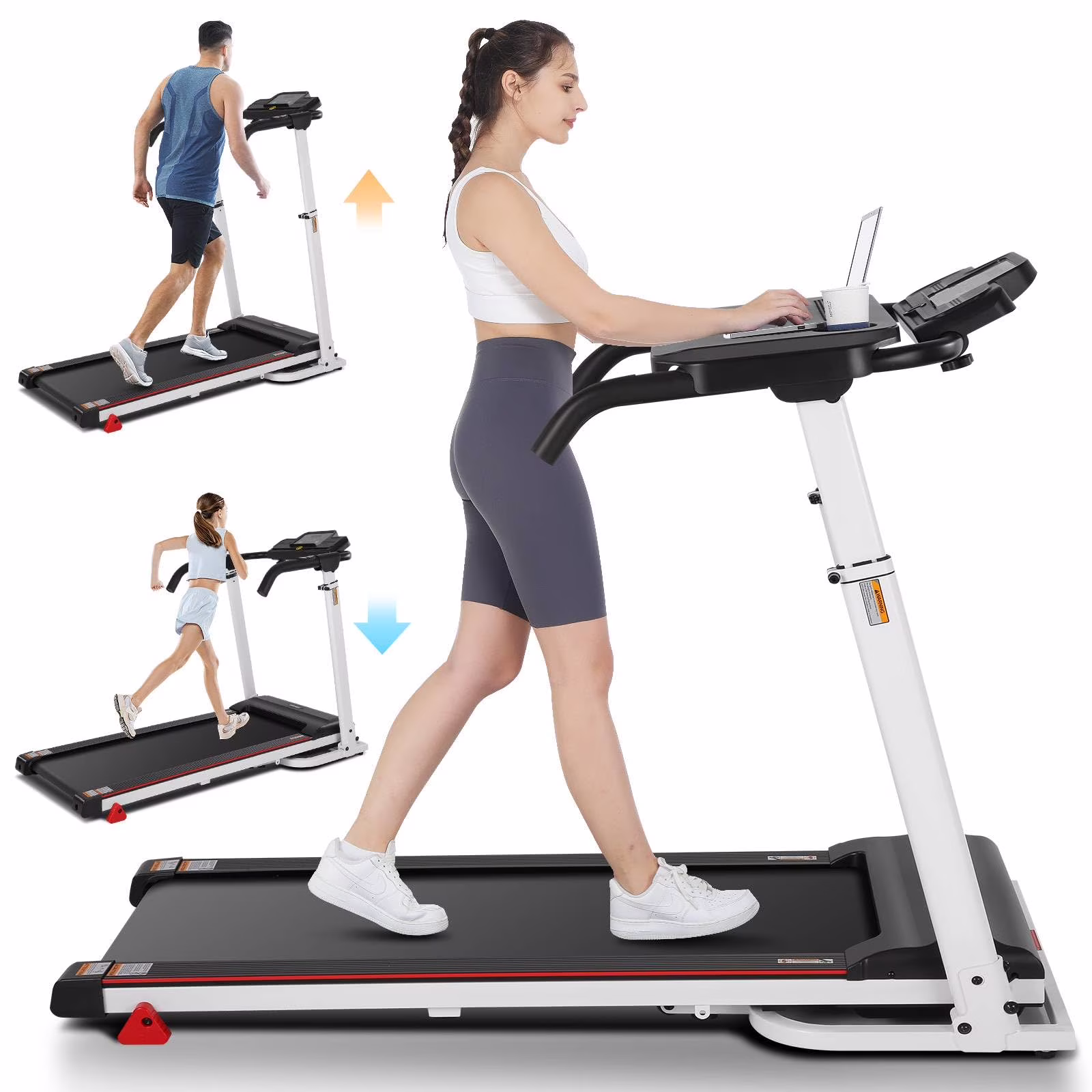 Folding Treadmill with Removable Desk, Foldable Treadmill with Adjustable Height, Treadmill 300lb Weight Capacity, White(White)