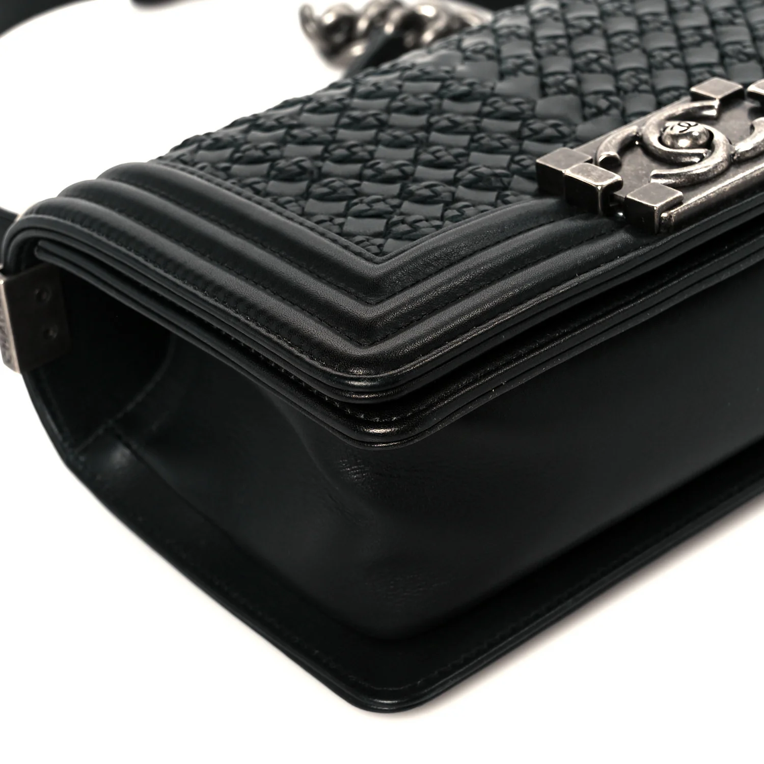 Lambskin Braided Woven Small Boy Flap Black