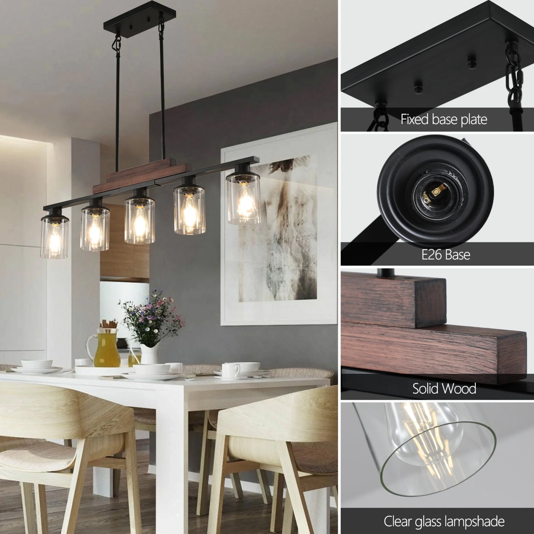 5-Light Kitchen Island Pendant Light, Farmhouse Industrial Chandeliers with Two Metal Rod Supports, Rectangular Island Lights for Kitchen, Living Room, Walnut/Black