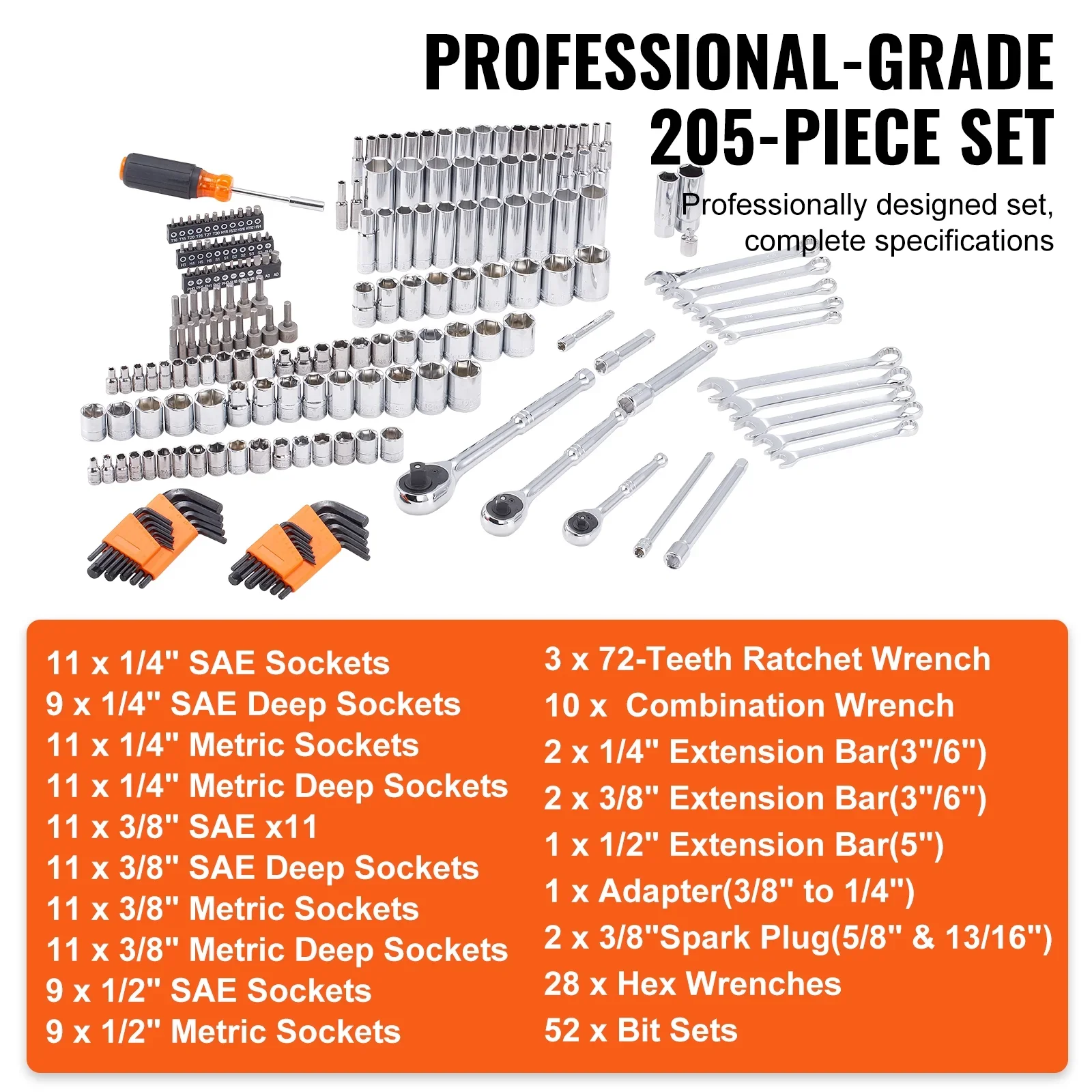 KFFKFF Mechanics Tool Set and Socket Set, 1/4 and 3/8 Drive Deep & Standard Sockets, 205 Piece SAE and Metric Mechanic Tool Kit with Bits, Combination Wrench, Hex Wrenches, Accessories