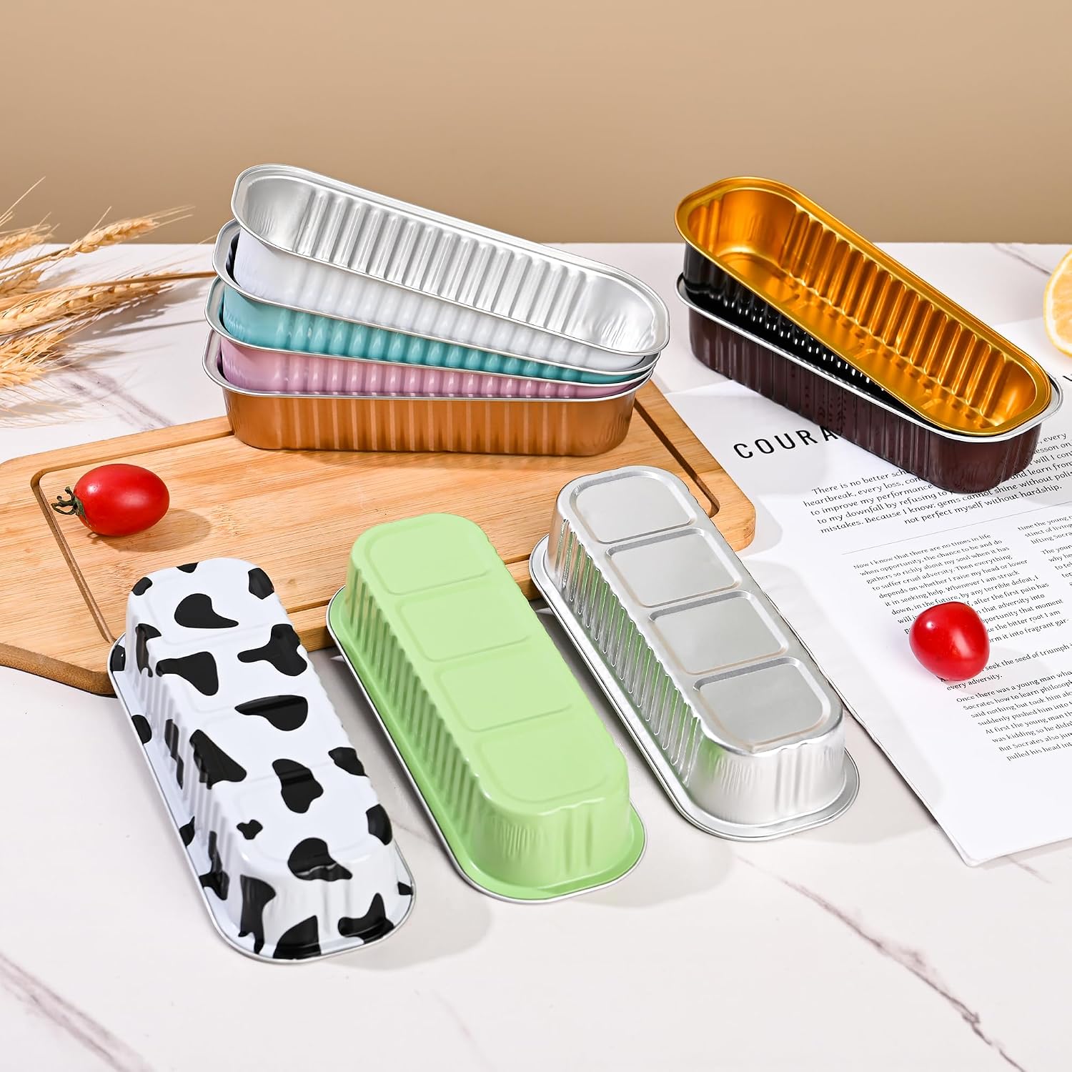 Findful Mini Loaf Baking Pans with Lids and Spoons (50 Pack, 6.8oz) Rectangular Aluminum Foil Baking Pans Tins Containers - Cupcake Containers Wrappers Cheesecake Creme Brulee Ramekins