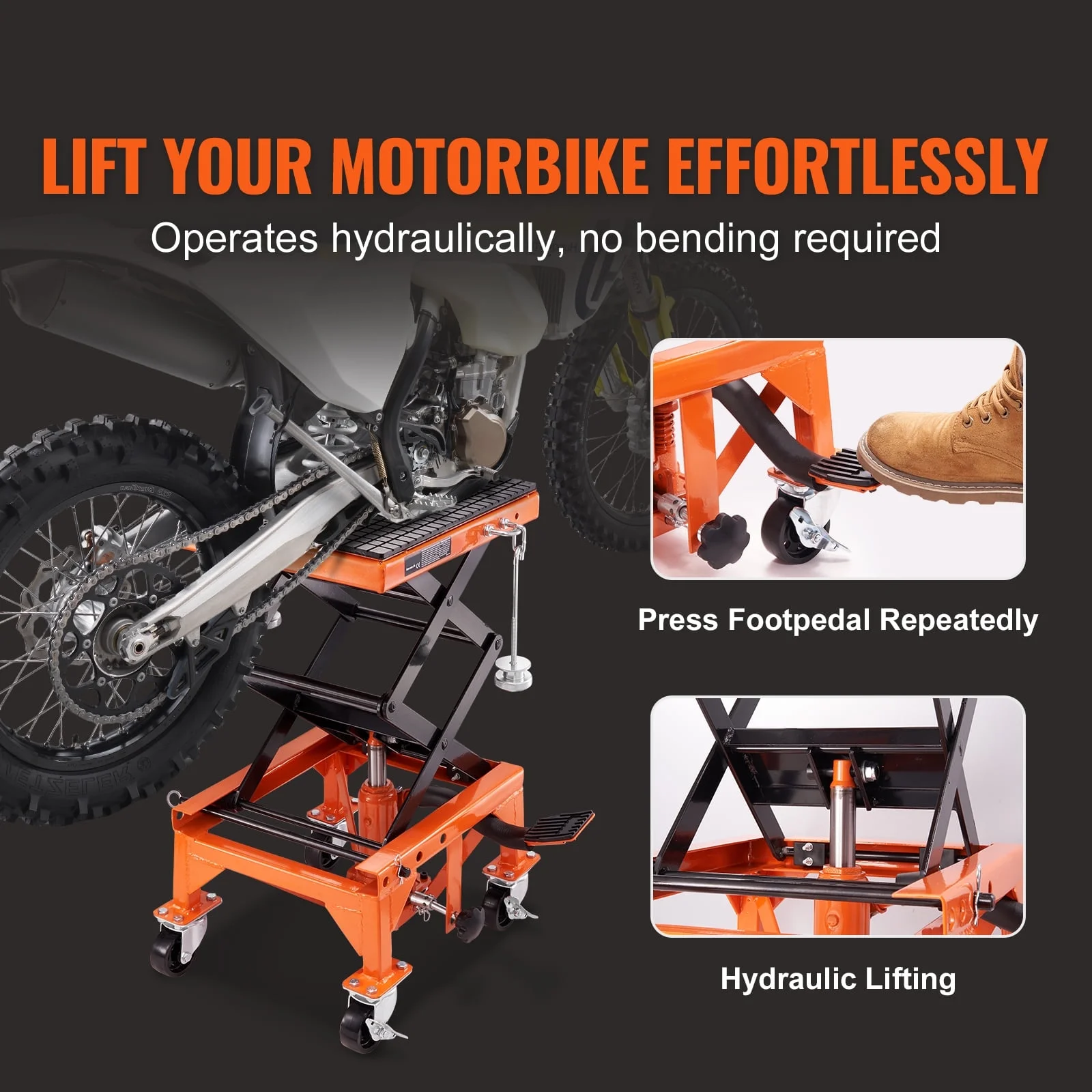 BENTISM Hydraulic Motorcycle Lift Table 350 lb Height 13' - 36' Dirt Bike Scissor Jack Stand with Wide Deck Safety Pin J - Hook
