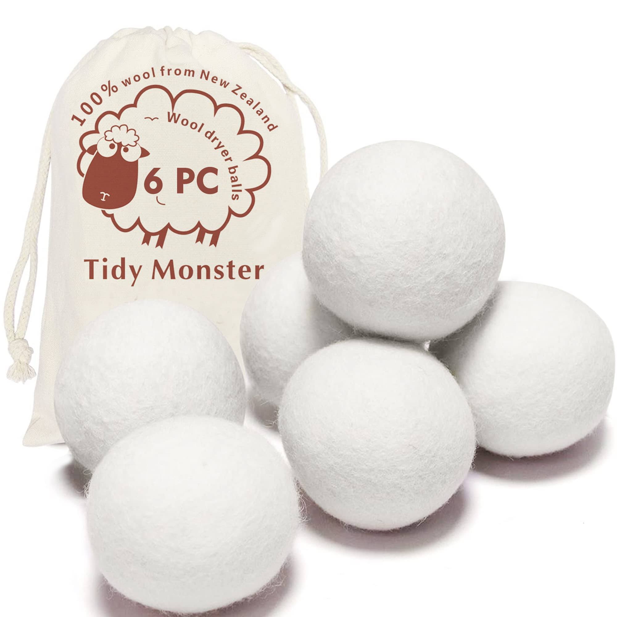 Tidy Monster 6 Pack All Natural Organic Wool Dryer Balls XL Size - Reusable Chemical Free Natural Fabric Softener, Anti Static, Reduces Clothing Wrinkles and Saves