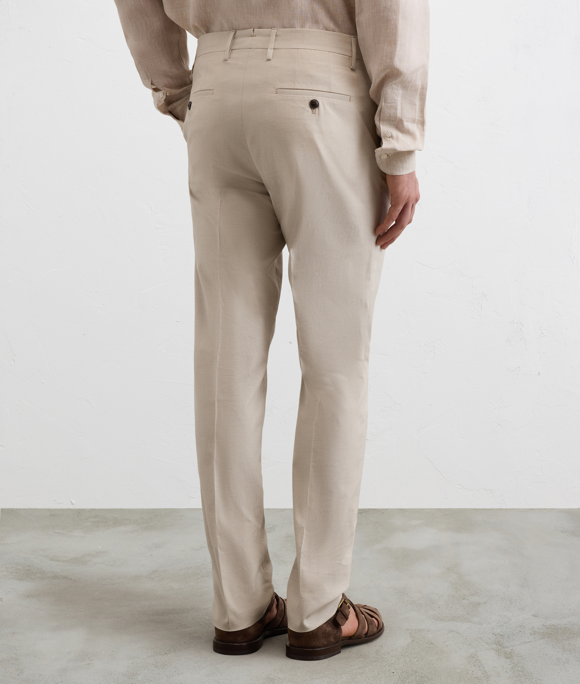 LIGHT BROWN MOULINE MICROSTRUCTURE COTTON LYOCELL AND ELASTANE FLAT FRONT CHINO