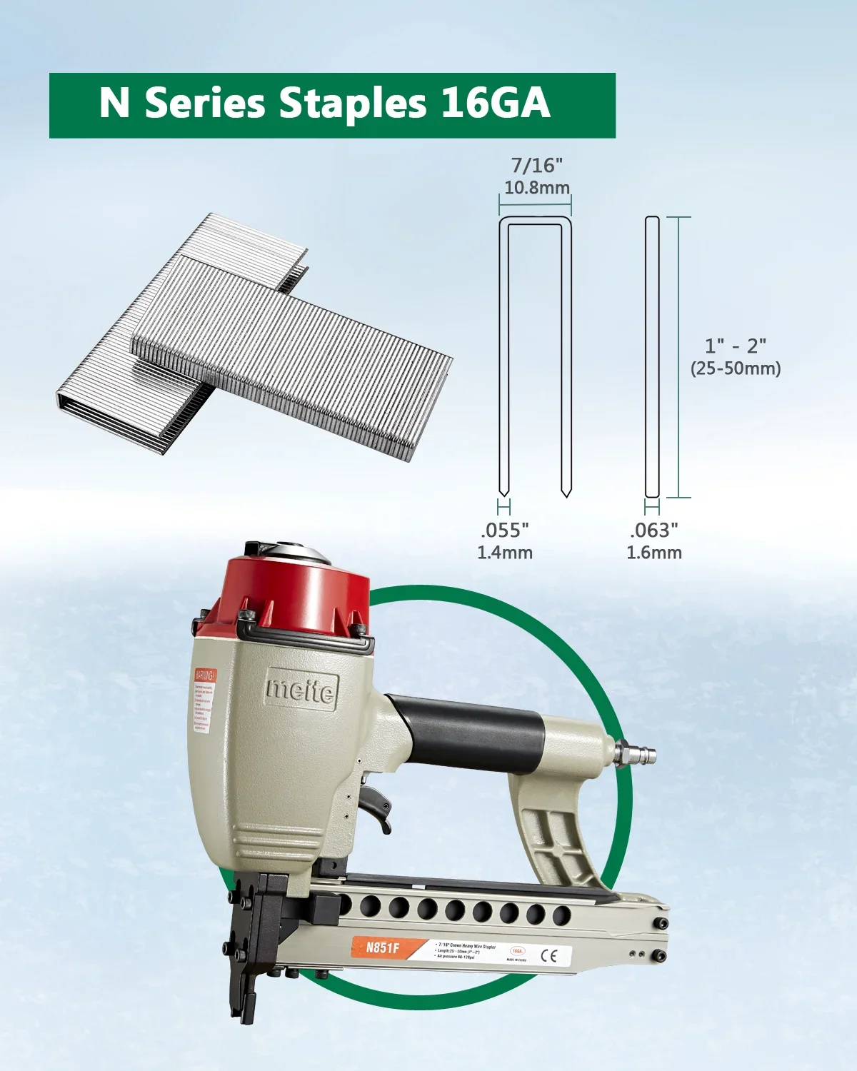 meite N851F Pneumatic Staple Gun 16 Gauge 7/16 Crown Sequential Nailing, Uses 16 GA 7/16-Inch Staples (1-Inch to 2-Inch)
