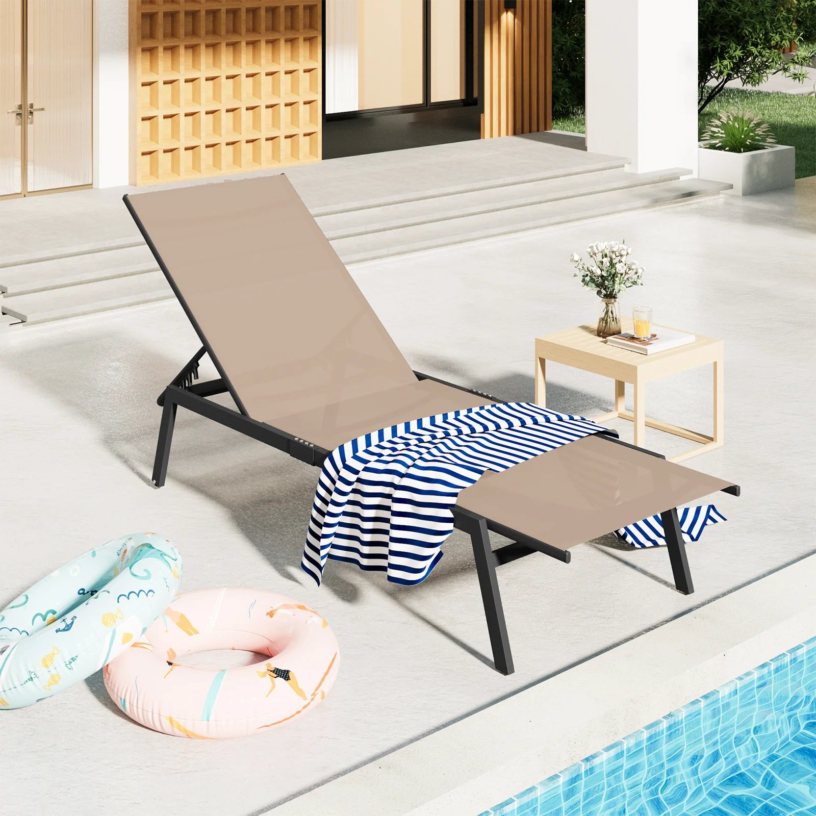 AECOJOY Patio Lounge Chairs, Outdoor Chaise Lounge with Wheels, Beige, 4PCS