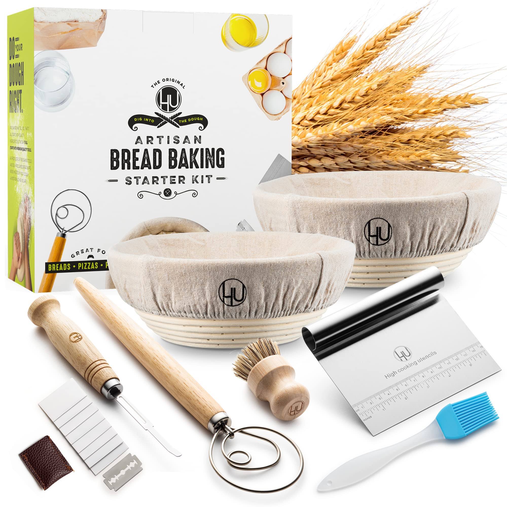 LHU Sourdough Start Kit - Sourdough Bread Baking Supplies 2 Banneton Bread Proofing Basket Bowls, 2 Cloths, Whisk, Bread Lame, Dough Scraper, 2