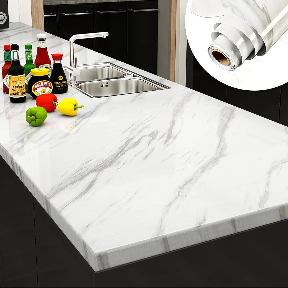 Yenhome Large Size White Marble Counter Top Covers Peel and Stick Countertops Wrap for Kitchen Marble Contact Paper Waterproof Marble Vinyl Countertop