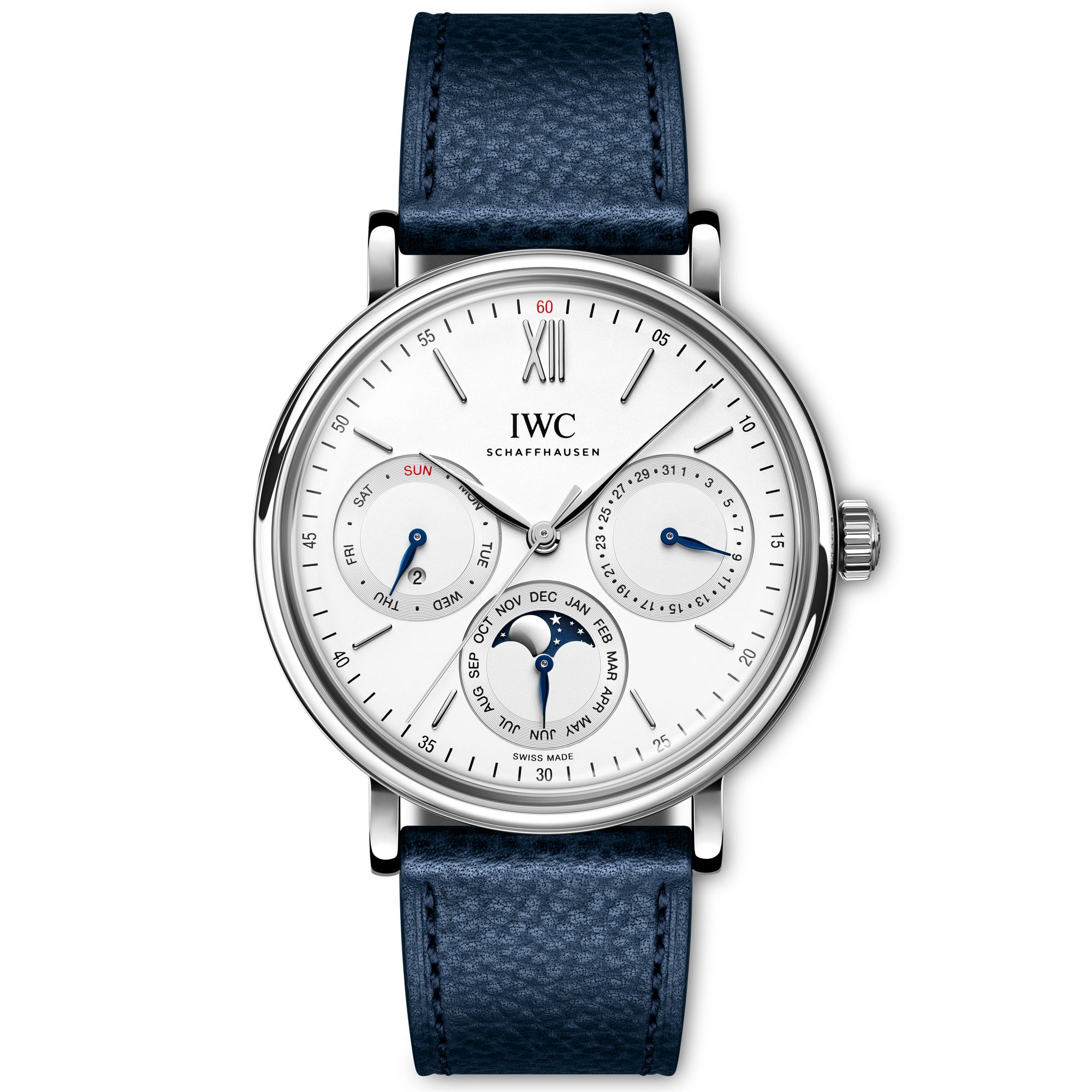 【Super Clone】IWC Schaffhausen Portofino Perpetual Calendar 40 mm Silver Dial Stainless Steel Blue Strap IW344601