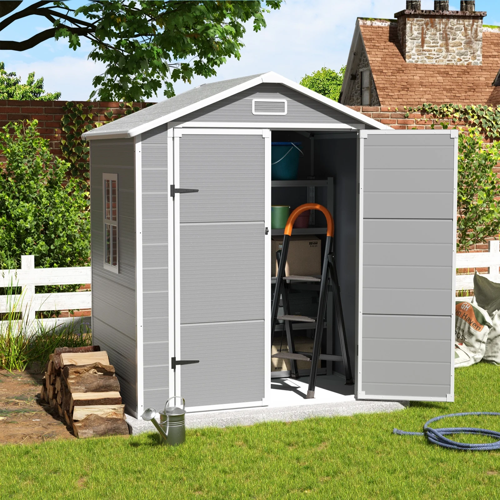 Outdoor Storage Shed 6x4.5 ft, Resin Outside Sheds Outdoor Storage Plastic for Trash Can, Bike, Lawnmower, Generator, Tool Shed with Lockable Door for Backyard, Lawn, Patio, Grey White(6*4/Gray) - Image 7