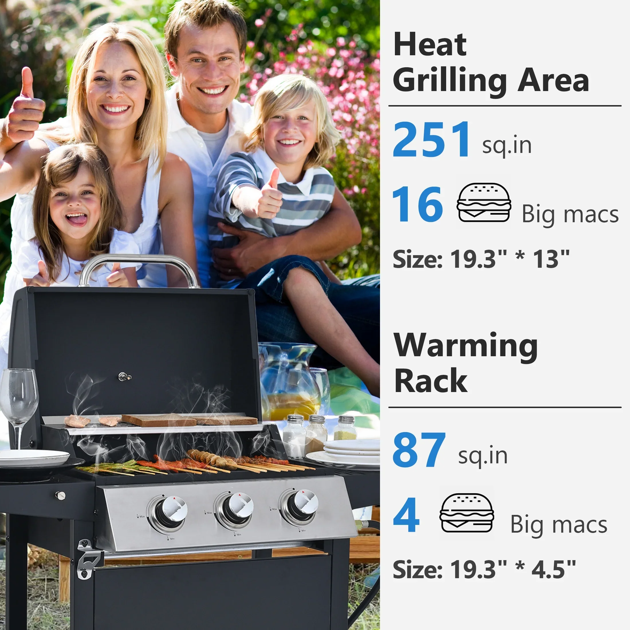 Segmart 3 Burner BBQ Propane Gas Grill, Stainless Steel 30,000 BTU Patio Garden Barbecue Grill with Folding Side Tables, Hanging Basket & Thermometer, Perfect for Camping, Outdoor Cooking