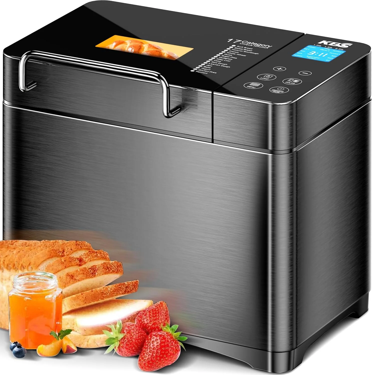 KBS Premium 2.2LB Convection Bread Maker Dual Heaters, 710W Stainless Steel 17-in-1 Bread Machine Healthy Ceramic Pan, Nut Dispenser,Touch Panel,3 Loaf Sizes 3 Crust Colors,15H Timer,Low Noise,Recipes