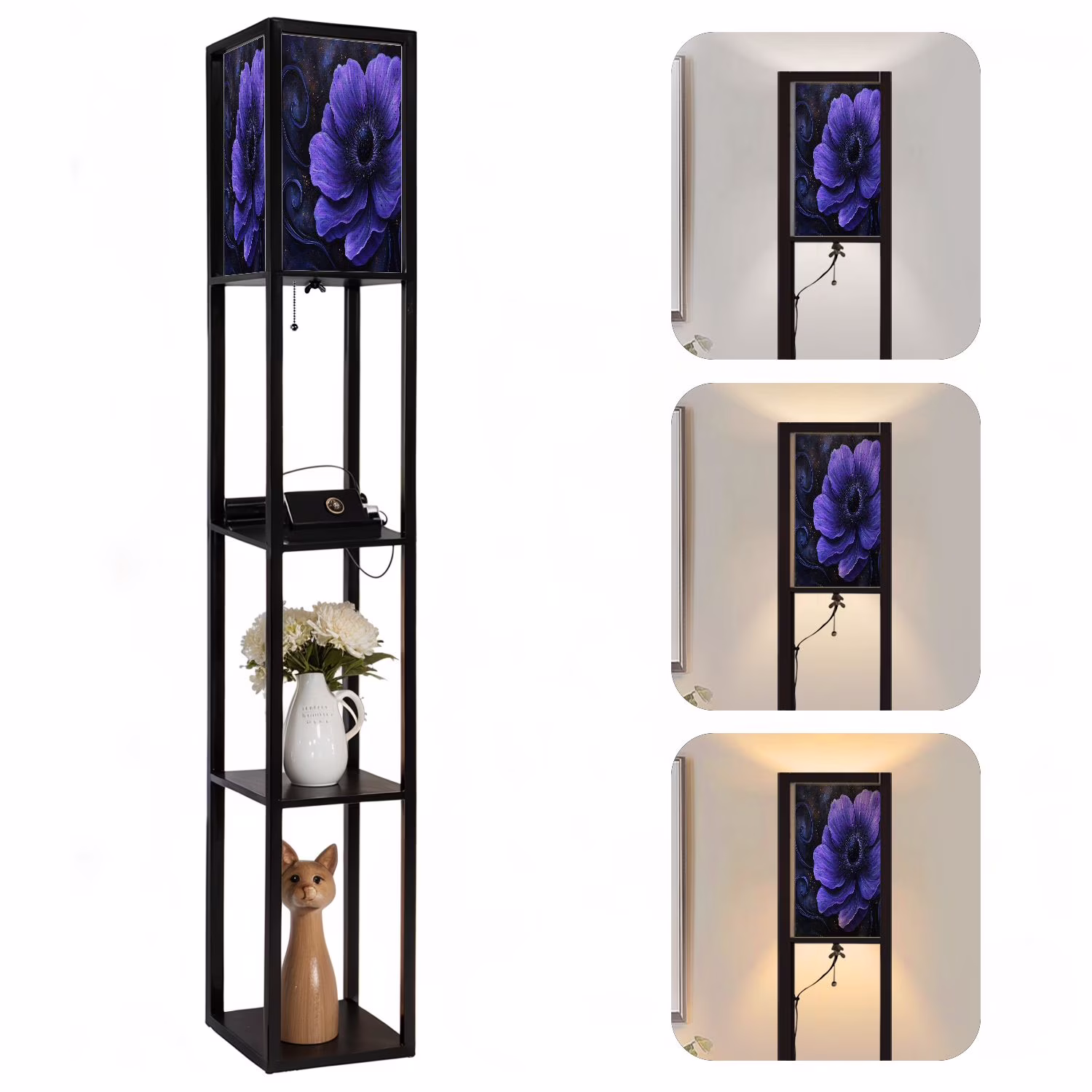 Floor Lamp with Shelves Corner Display Bookshelf Lamp for Living Room and Bedroom Purple Purple Wall Decor Purple Flower LED Modern Shelf Floor Lamp 3 Color Temperature(Color-1) - Image 5