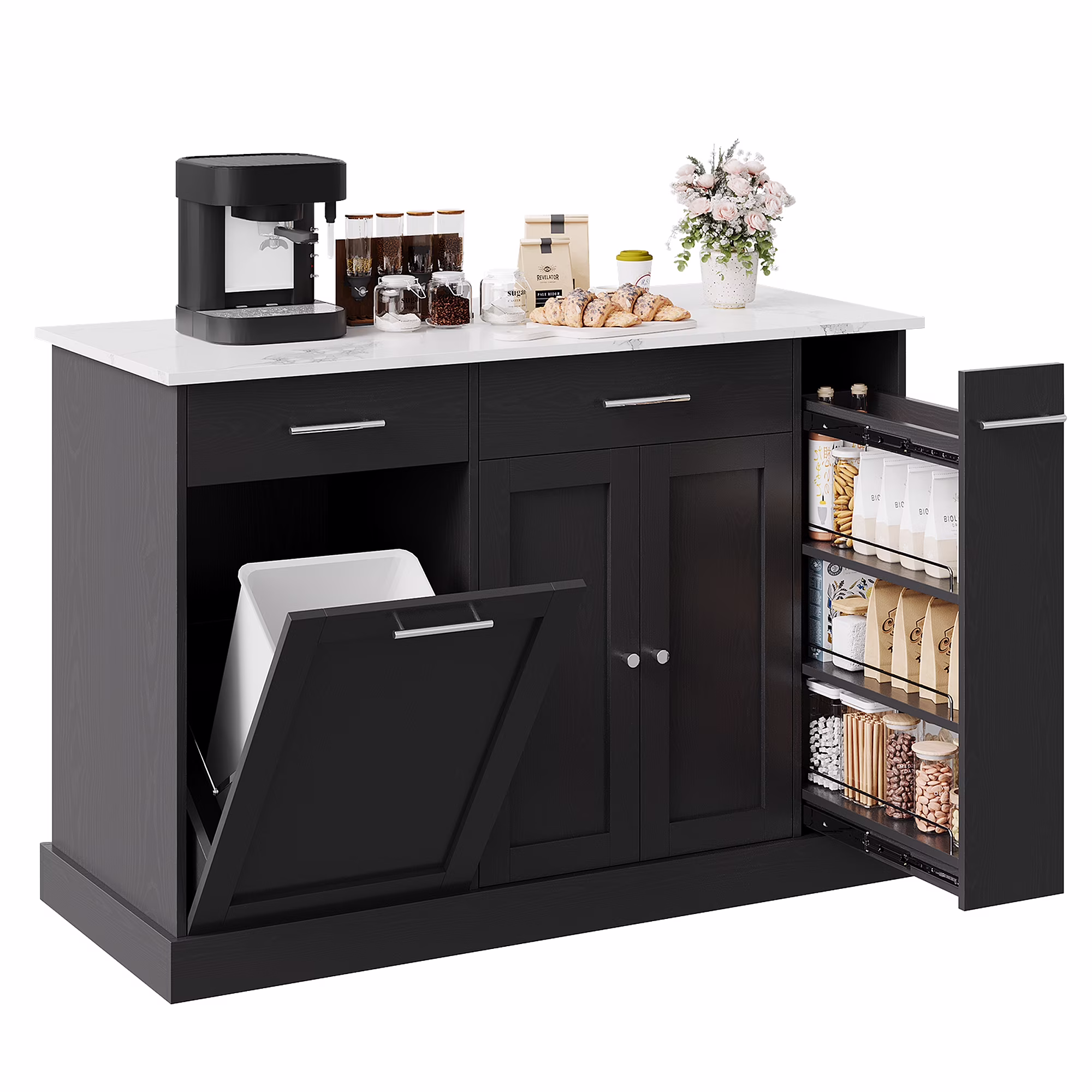 52" Kitchen Island with Storage, Rolling Kitchen Cart Island with Wheels, Tilt Out Kitchen Trash Cabinet 10 Gallon Storage, 3 Large Spice Racks and 2 Drawers, White(White) Image 7