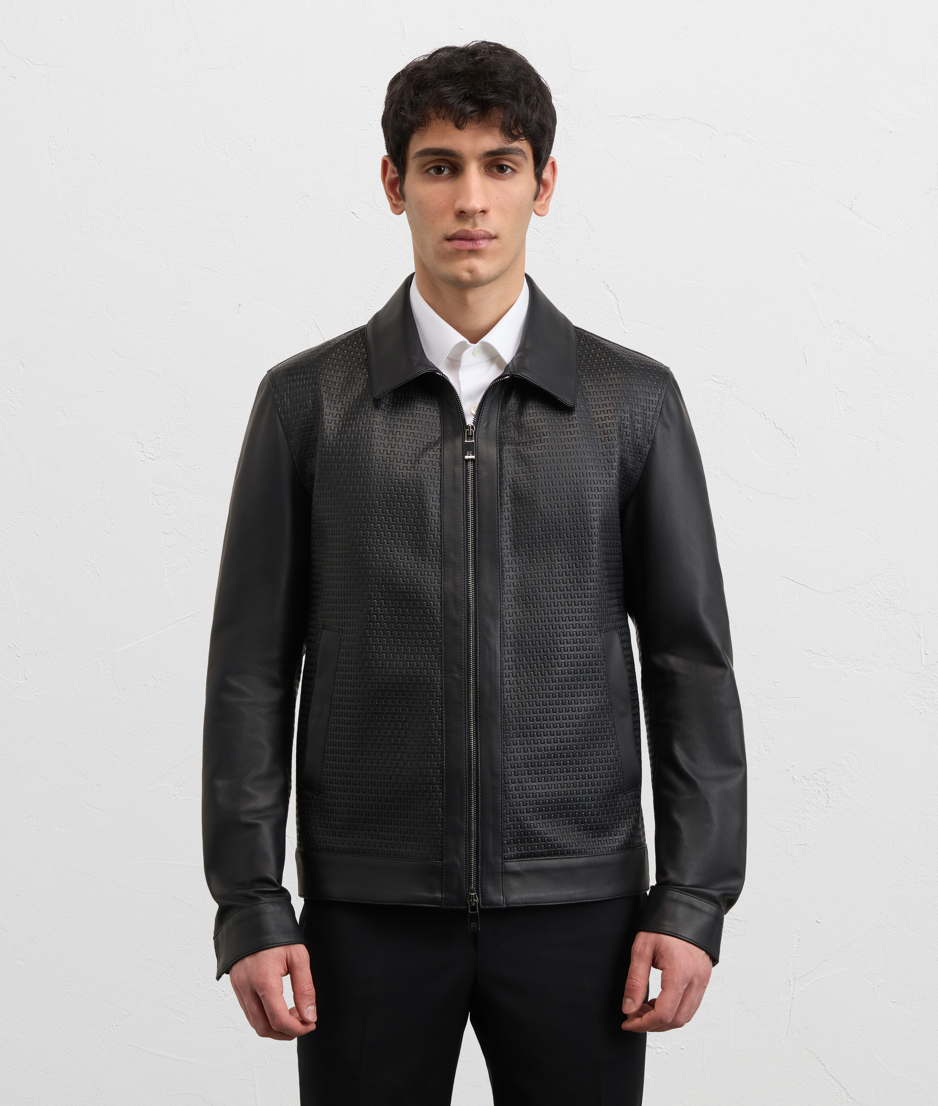 BLACK LEATHER BLOUSON WITH SHIRT COLLAR
