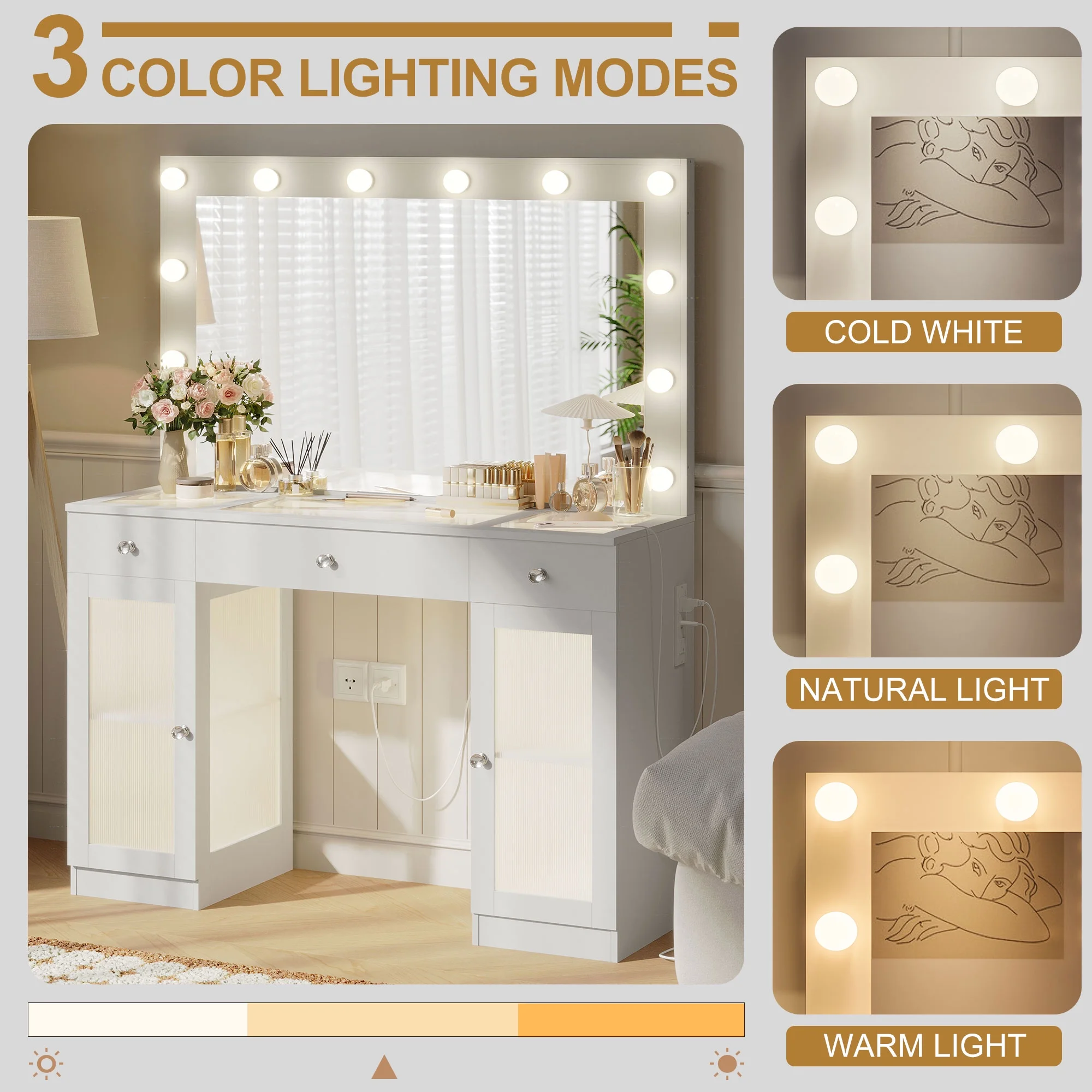 Vanity Desk with Mirror and Lights,3 Drawers and Power Outlet Makeup Vanity for Women,White - Image 7