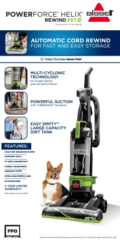 BISSELL Powerforce Helix Turbo Rewind Pet, Upright Vacuum, Pet Friendly, Automatic Cord Rewind, Powerful Pet Hair Pickup, Extra - Wide Cleaning Path, 3333, Black & Green