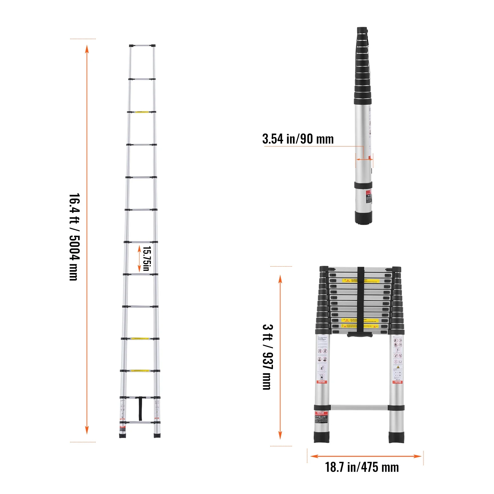 Telescoping Ladder, 16.4FT Aluminum Lightweight Extension Ladder, Multi-button Retraction Collapsible Ladder, 375 LBS Capacity with Non-slip Feet, Portable Compact Ladders for Home, RV, Loft - Image 8