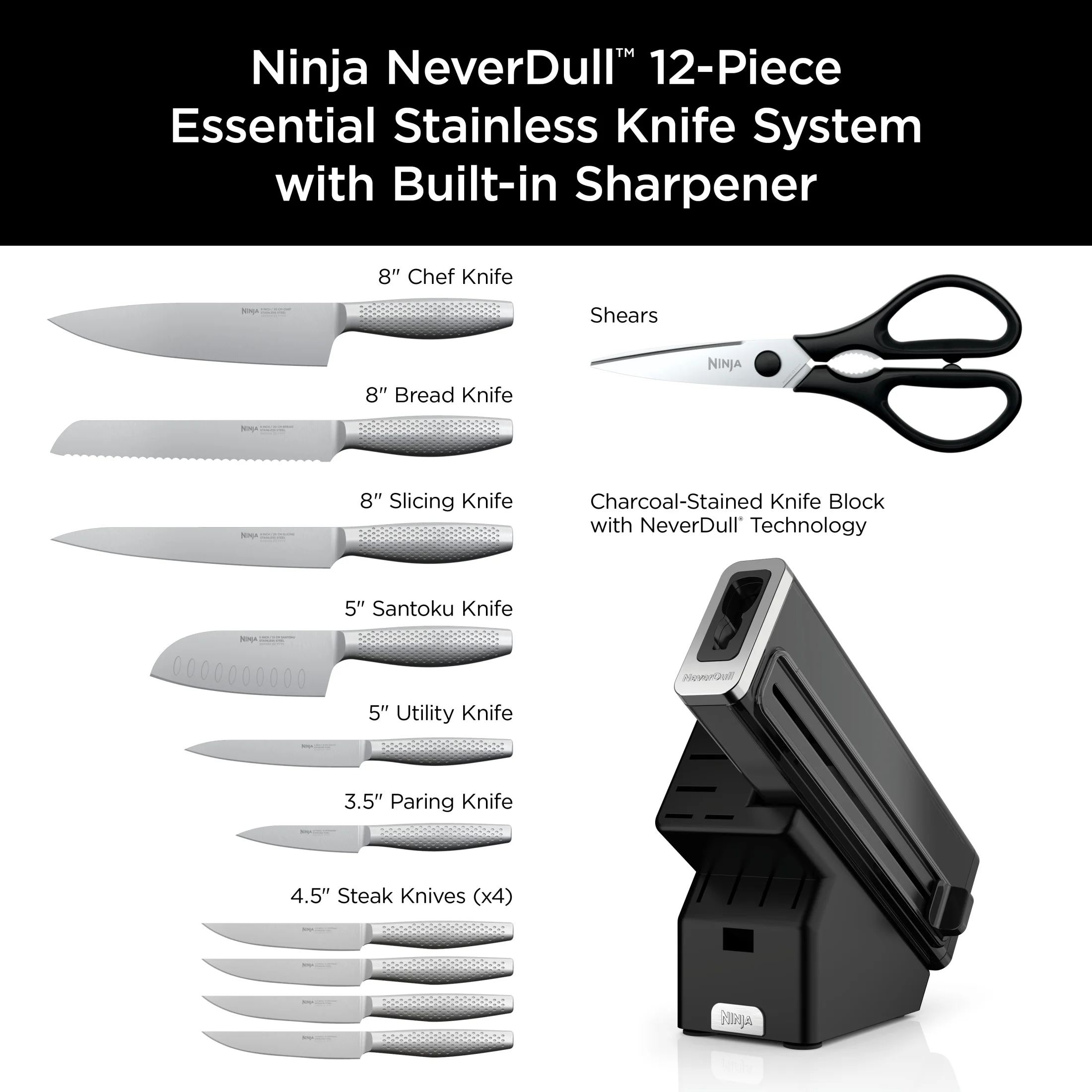 NeverDull Essential 12-Piece Stainless Steel Knife Set with Built-in Sharpener, K22012(1) - Image 3