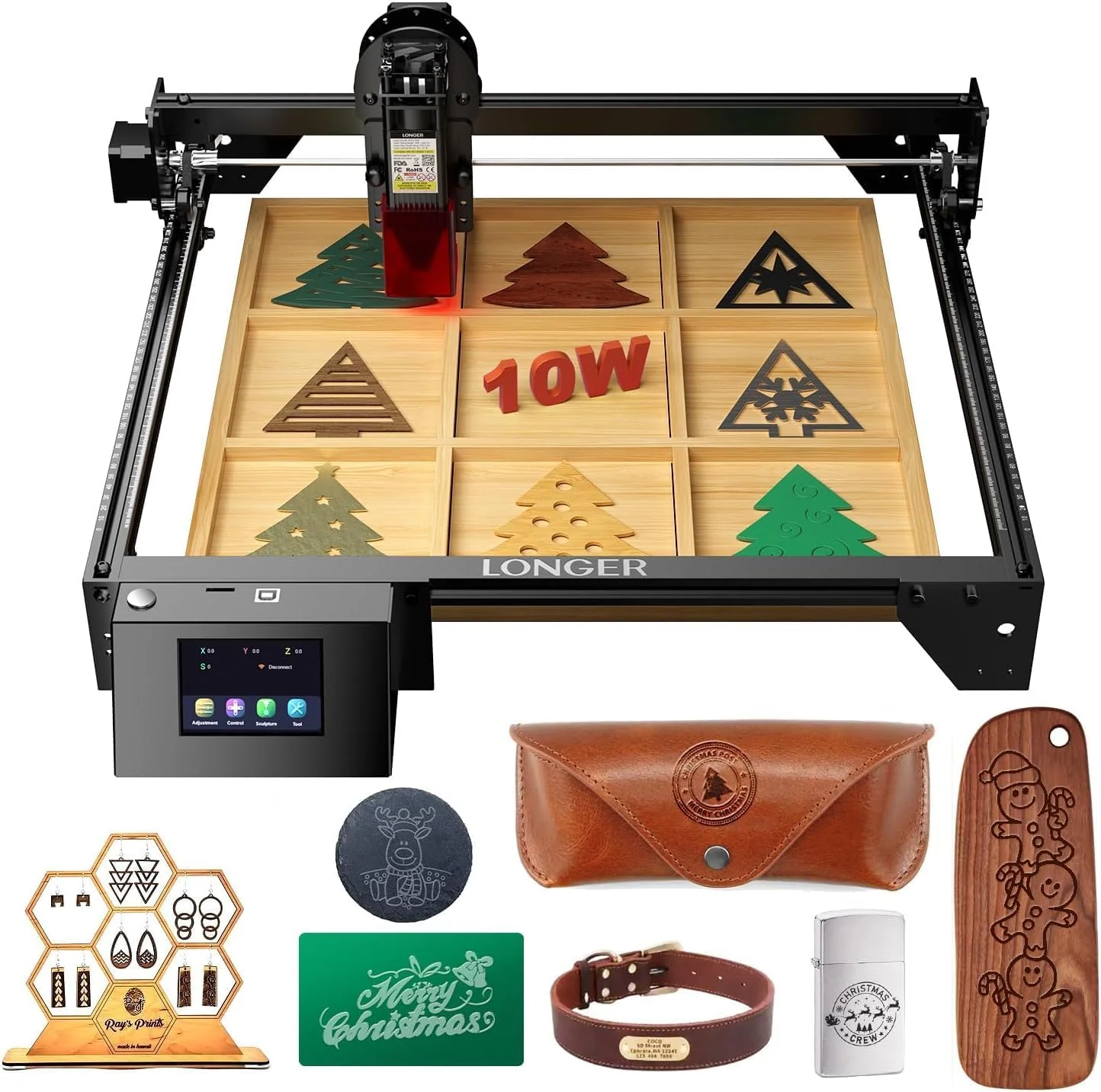 Graveur laser Longer RAY5, puissance de sortie de 10 W, écran tactile couleur de 3,5 pouces, contrôle hors ligne via application, outil de gravure DIY pour métal, verre et bois, zone de gravure de 15,75 x 15,75 pouces.