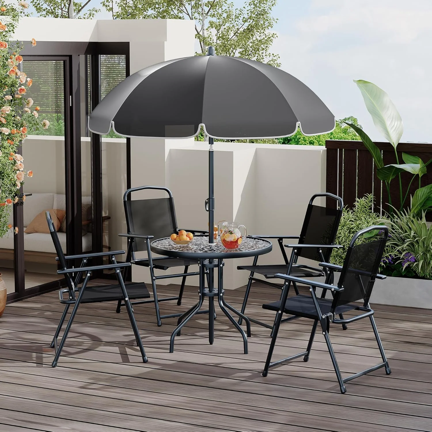 6 Pieces Outdoor Dining Set with Umbrella, Patio Table and 4 Folding Chairs with Umbrella, Garden Patio Furniture Set with Umbrellas, Tempered Glass Top Dining Table