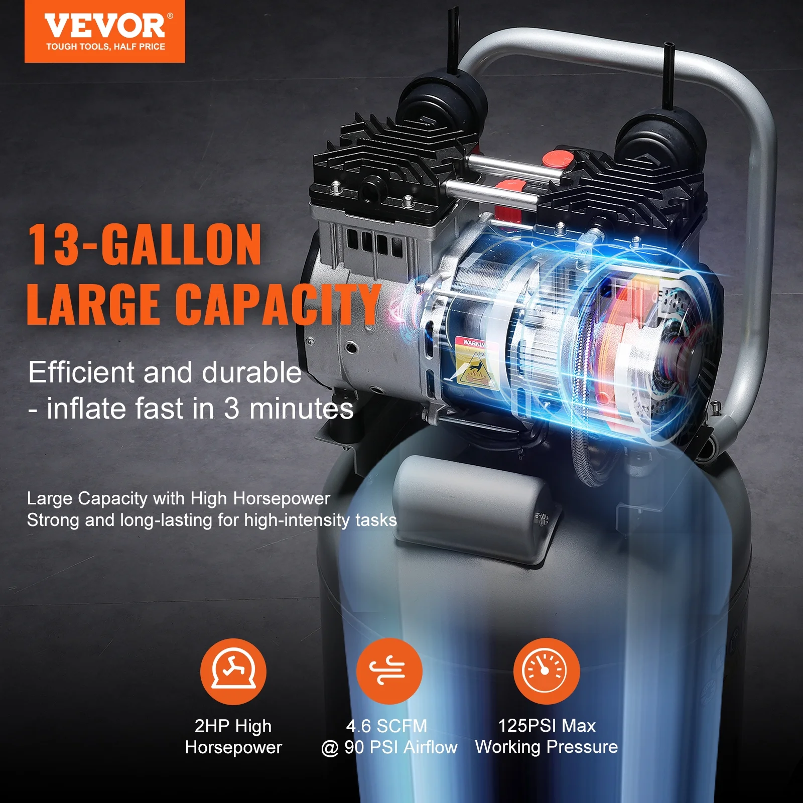 VEVOR 13 Gallon Air Compressor, 2HP 4.6 Scfm@90psi Oil Free Air Compressor Tank, 66db Ultra - Quiet Compressor for Tire Inflation, Auto Repair, Woodwork Nailing, Spray Painting (125PSI Max Pressure)