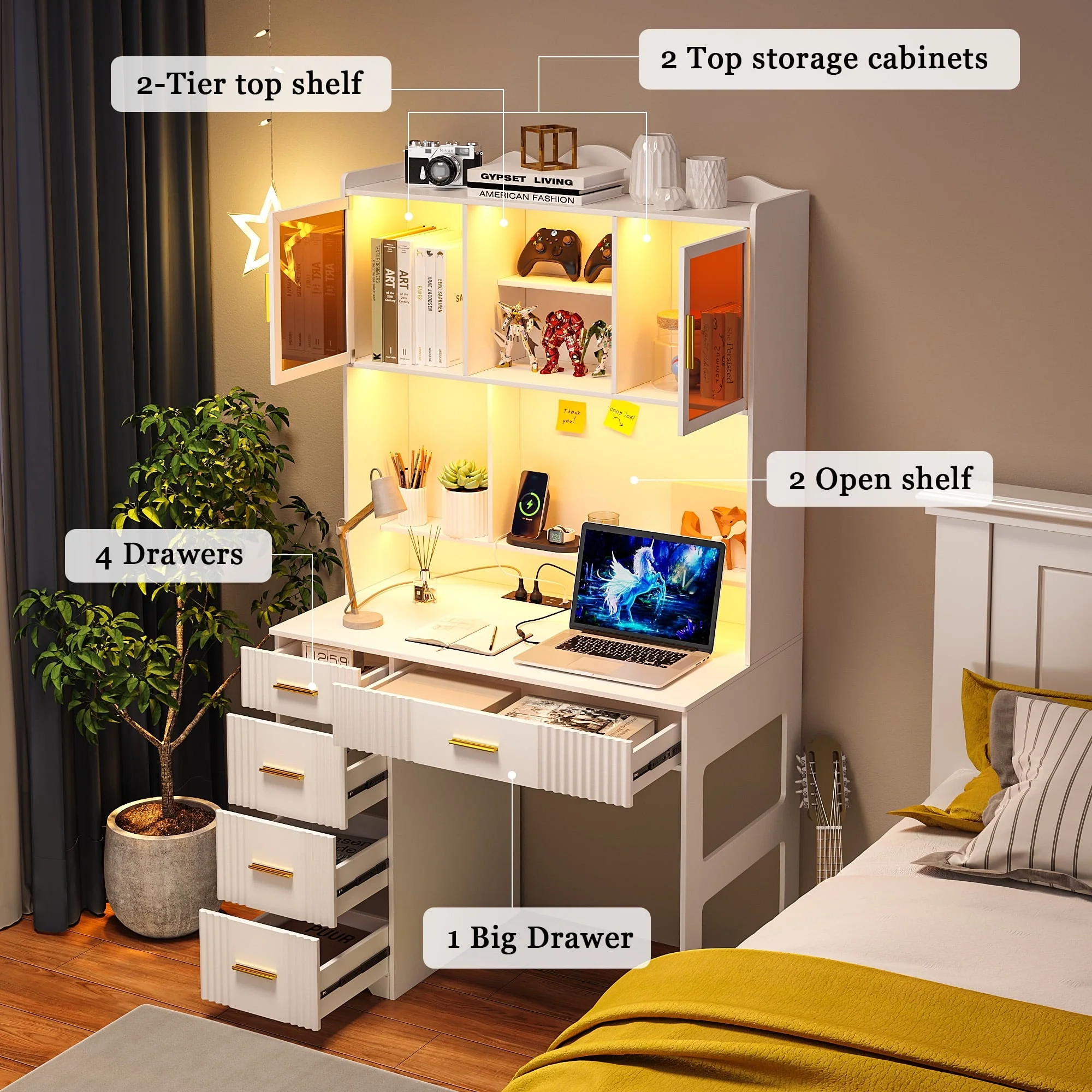 LED Study Desk with Hutch and Drawer, Home Office Desk with Outlet, Computer Desk with Charging Station, Writing Desk for Bedroom, Workstation for Small Space(White) Image 4