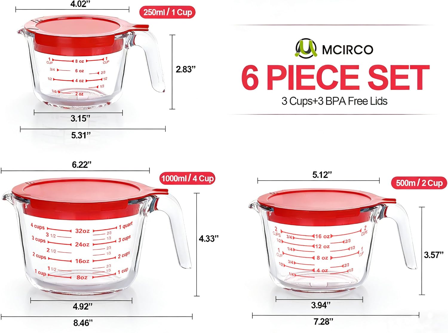 M MCIRCO 6 Pcs Glass Measuring Cups with Lids Set, 1 Cup, 2 Cup, 4 Cup