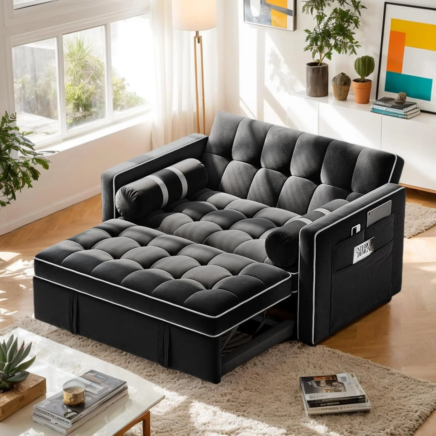 Canapé-lit convertible 3 en 1 Pipishell, canapé gigogne pour salon avec ports USB et poches latérales, dossier réglable, velours, canapé-lit deux places, canapé futon, noir