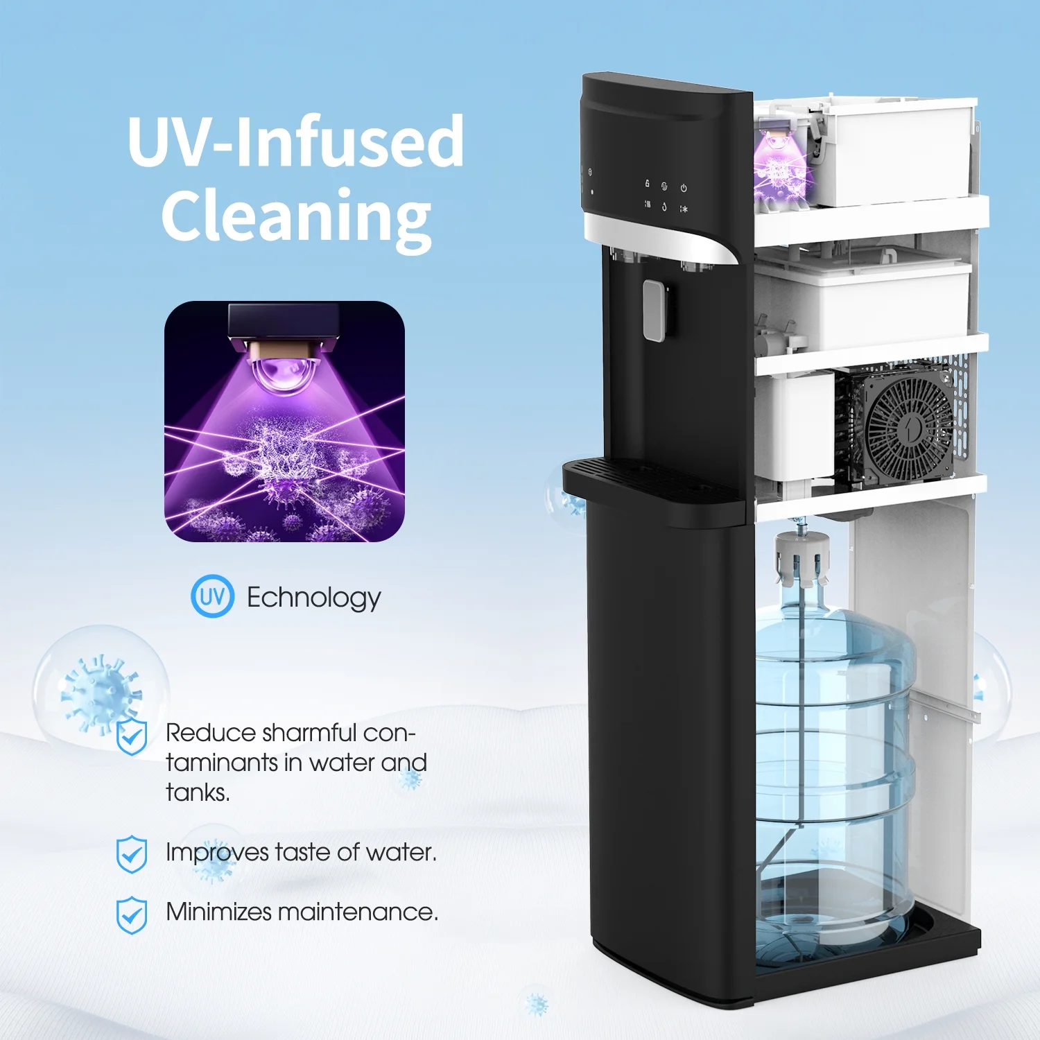 3 in 1 Hot and Cold Water Dispenser with Ice Maker Bottom Load for 3 or 5 Gallon Bottle 22lbs Daily Capacity Bullet-Shaped Ice, Black(Black) - Image 5