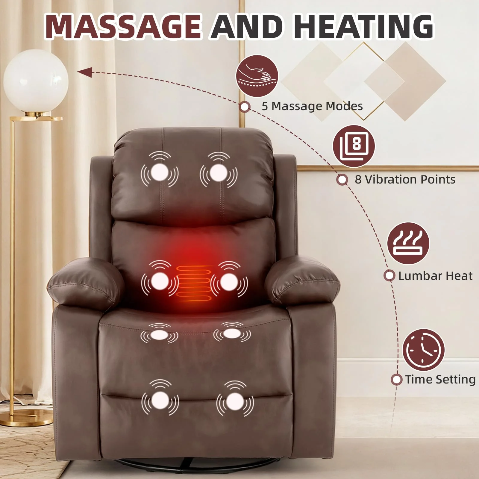 AECOJOY 360° Swivel Recliner Chair with Massage and Heat, Manual Reclining Leather Recliner Chair, Brown
