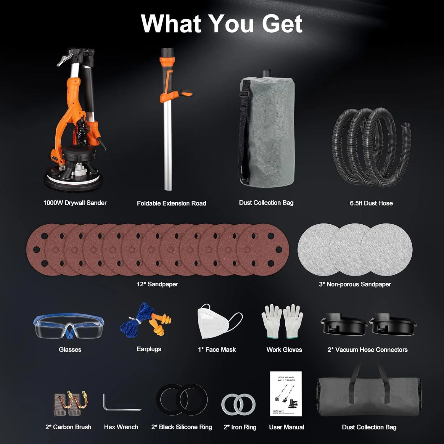 Drywall Sander, 1000W Popcorn Ceiling Removal Tool, Automatic Drywall Sander with Vacuum Dust Collection, LED Light, 6 Variable Speed 800-2200RPM,15Pcs Sanding Discs, Foldable Extendable Handle - Image 6