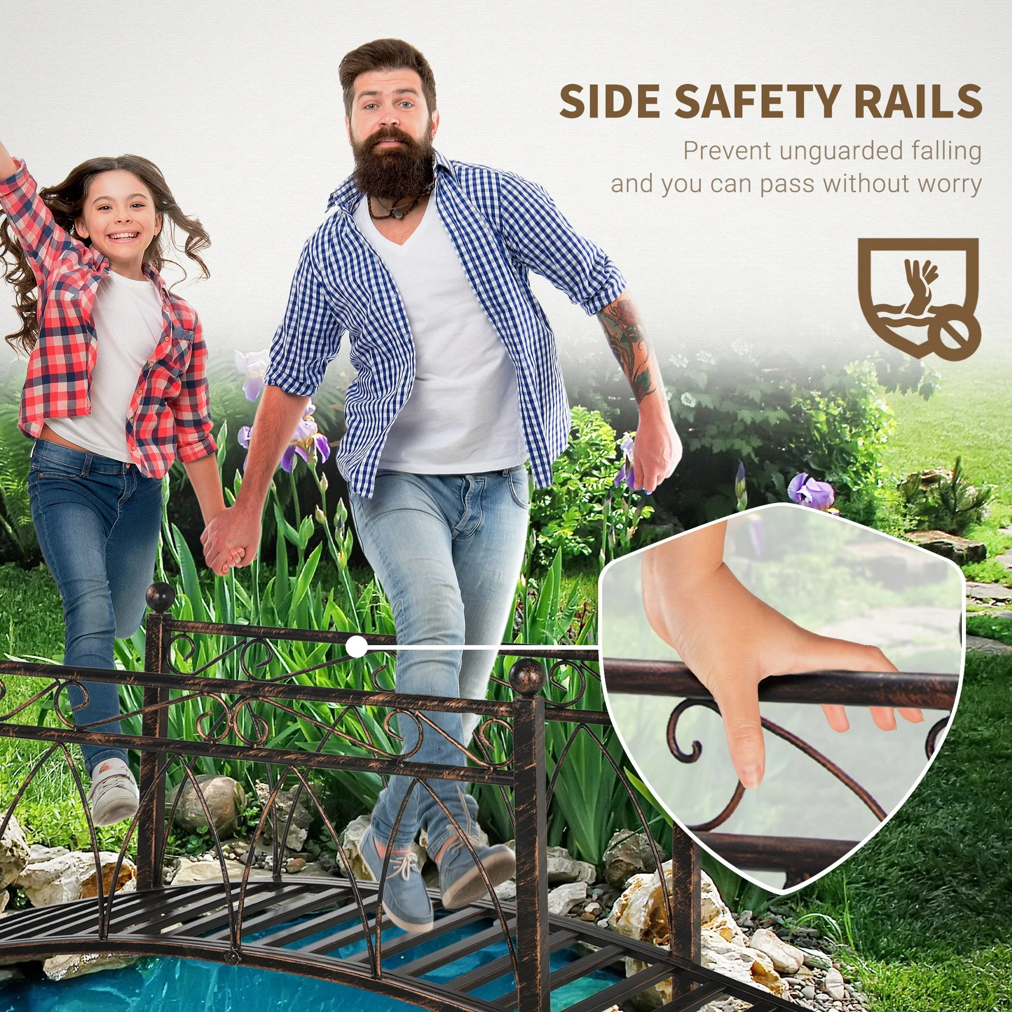 Outsunny 3.3' Metal Arch Zen Garden Bridge with Safety Siderails, Decorative Footbridge, Delicate Scrollwork & Corner Spheres for Stream, Black