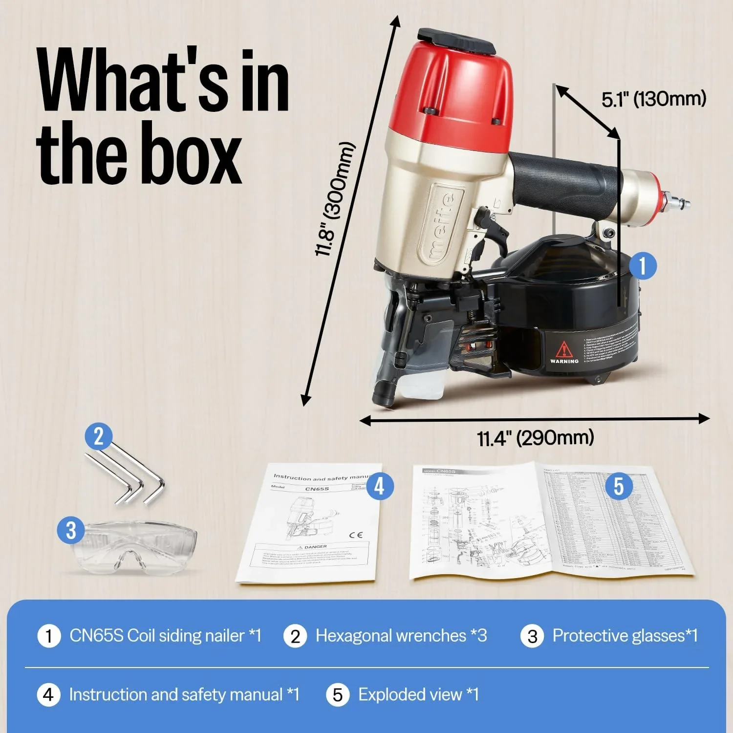 MEITE CN65S Pneumatic Coil Siding Nailer with Safety Nose, 15-16 Degrees 1-1/2 to 2-1/2Coil Nail Gun Lightweight