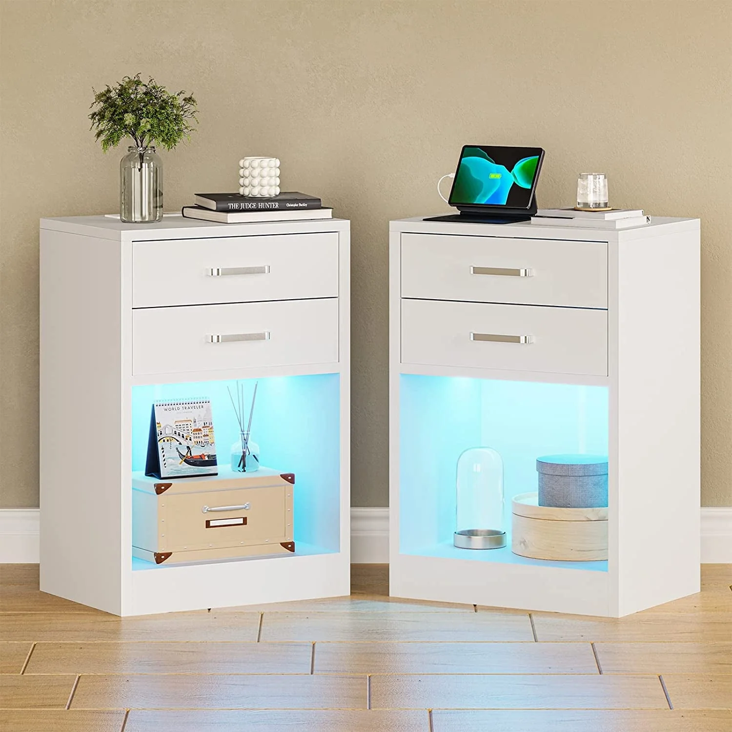 Set of 2 LED Nightstands with Charging Station, Modern Bedside Table with 2 Drawers, Black(Black) - Image 3