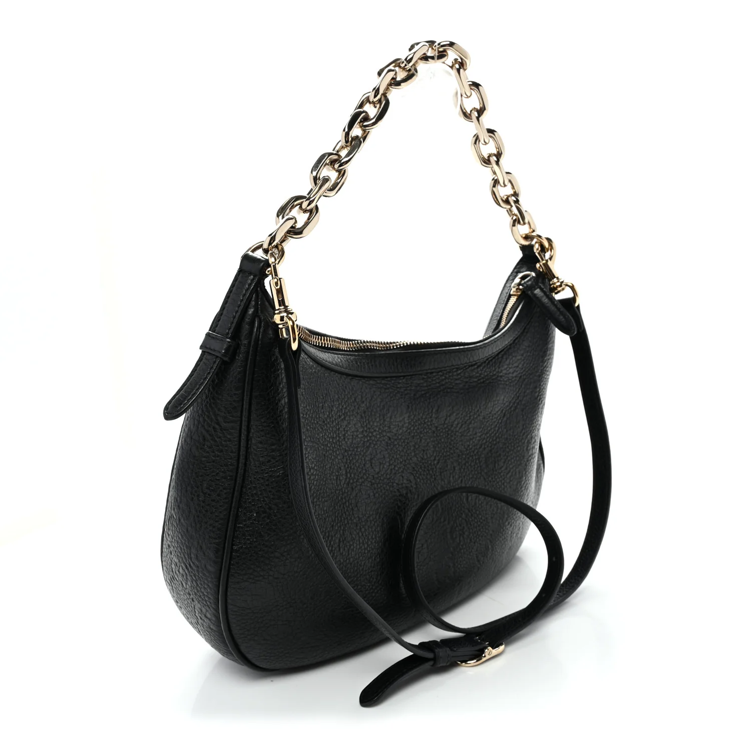 GG Grainy Calfskin Emblem Large Half Moon Shoulder Bag Black