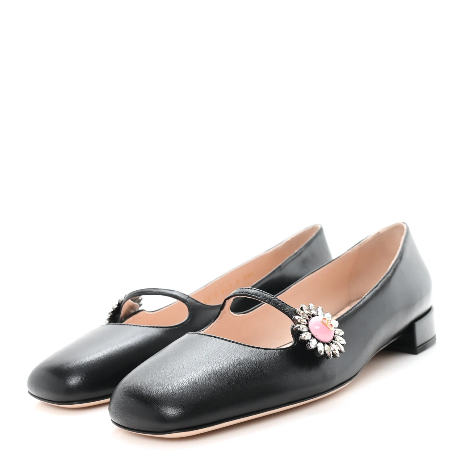 Kidskin Jewel Button Mary Jane Flats  38.5 Black Pink