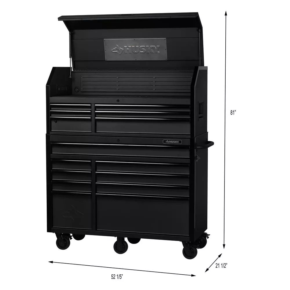 Coffre à outils et armoire à roulettes robustes de 132 cm de large, comprenant 15 tiroirs profonds, en noir mat.