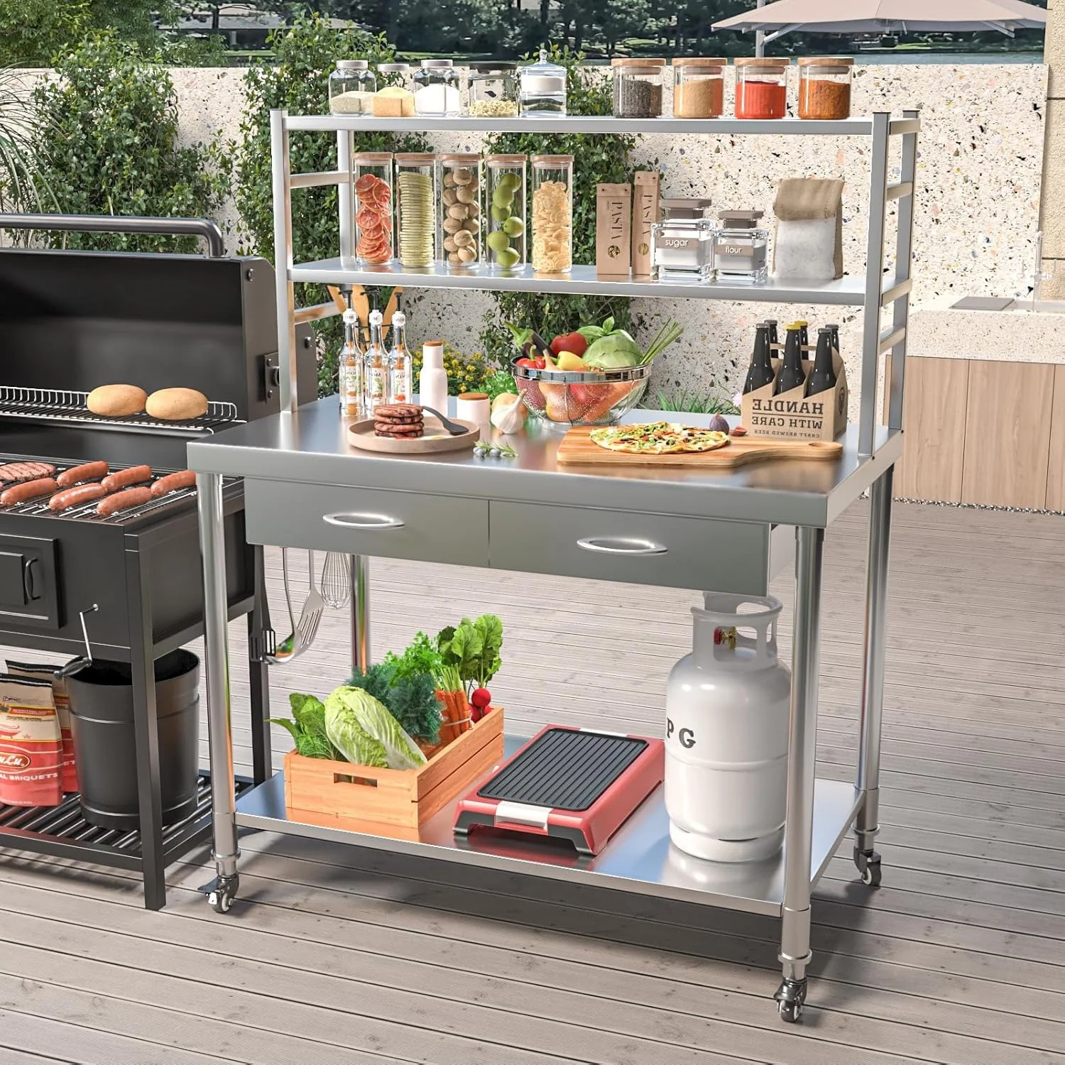 AECOJOY Stainless Steel Table with Shelves and Drawer 48