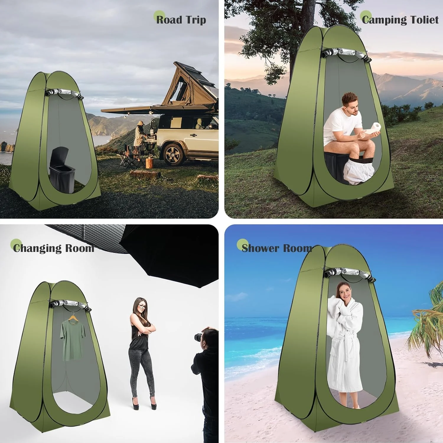 Portable Camping Toilet Kit for Adults, X Large Pop-Up Privacy Tent with Folding Toilet and Outdoor Shower Facilities(Green) - Image 5